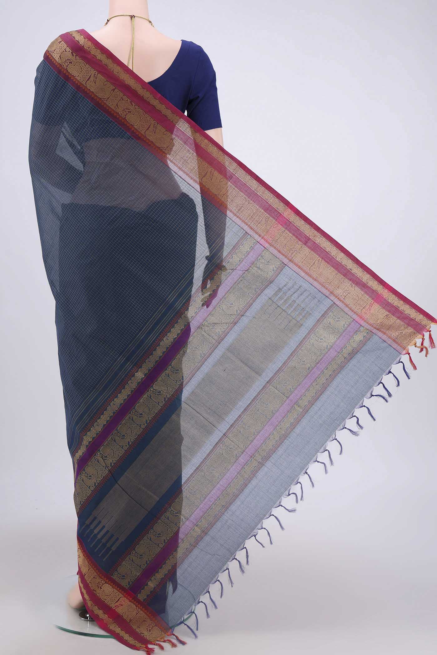 Blue Coimbatore Cotton Saree - Image 3