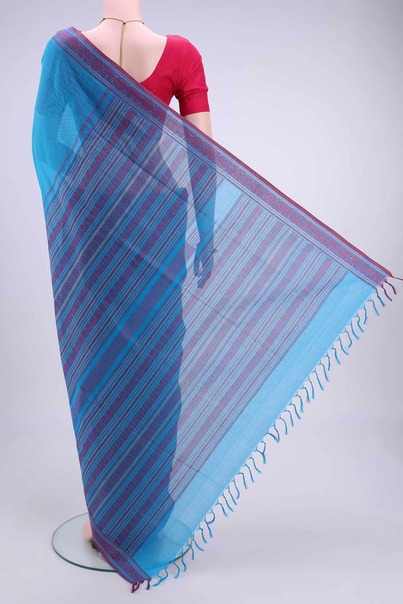 Blue Coimbatore Cotton Saree - Image 3