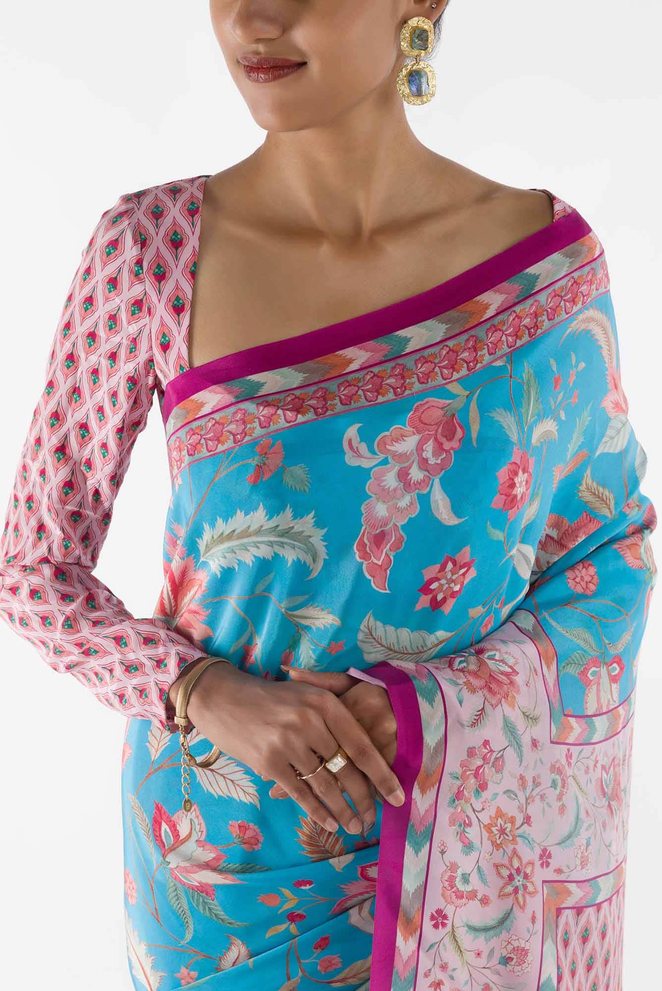 Bagicha - Sky Blue Floral design saree from Chintz Collection, Designed by Nalli - Image 2