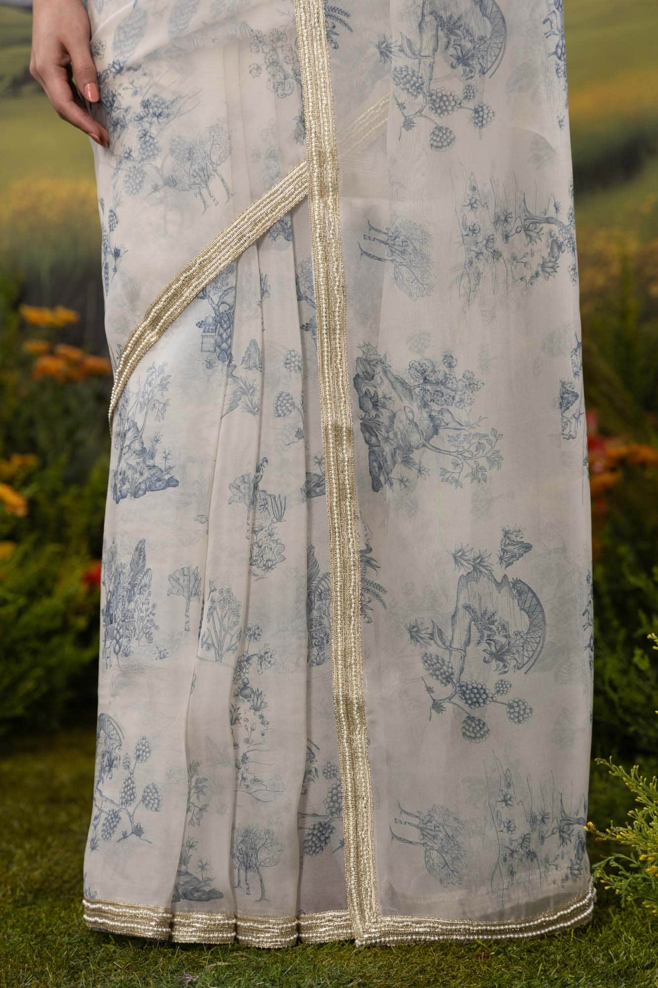 Blue Forest-White Pure Organza Silk Saree - Image 3