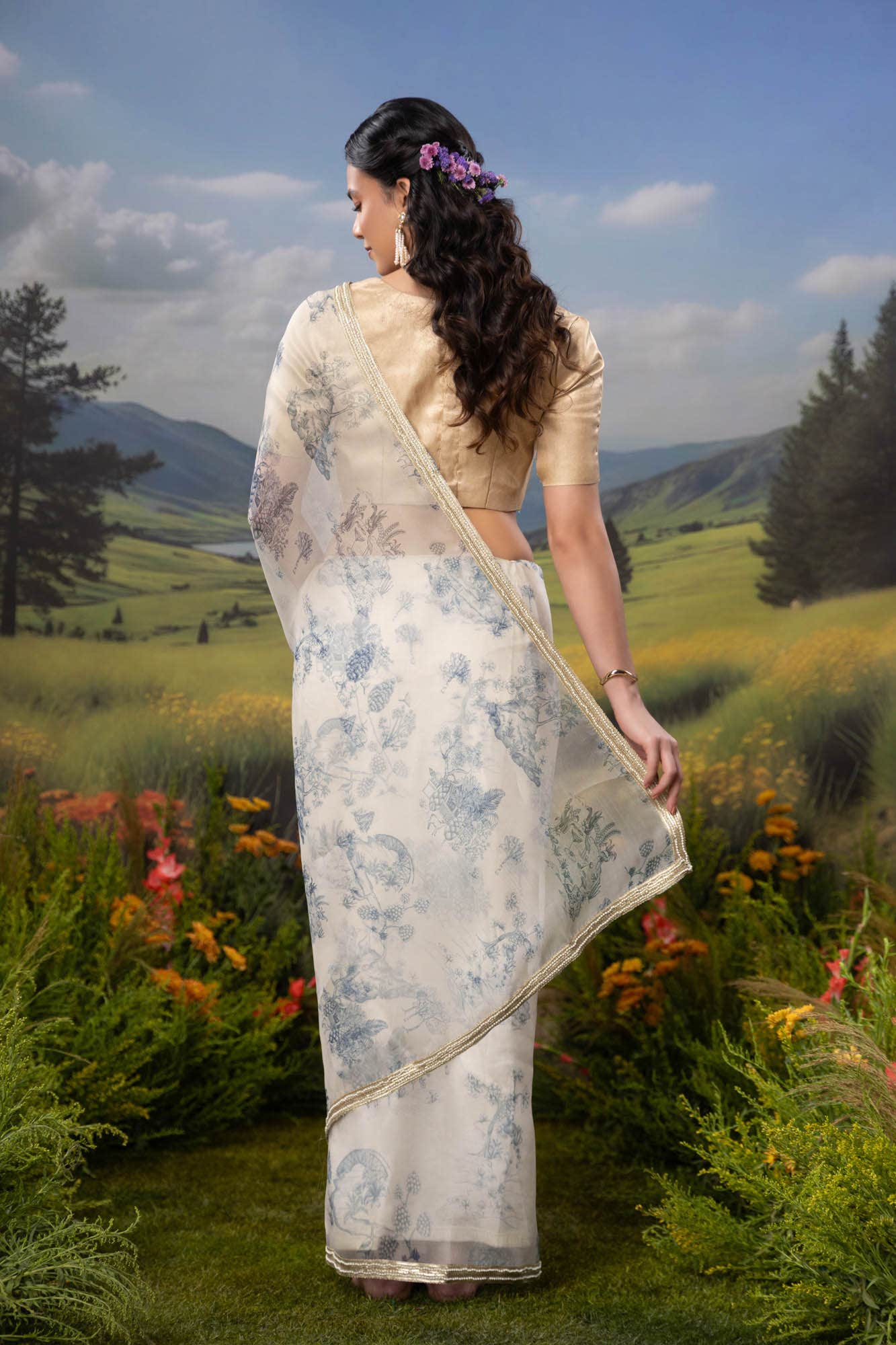 Blue Forest-White Pure Organza Silk Saree - Image 4