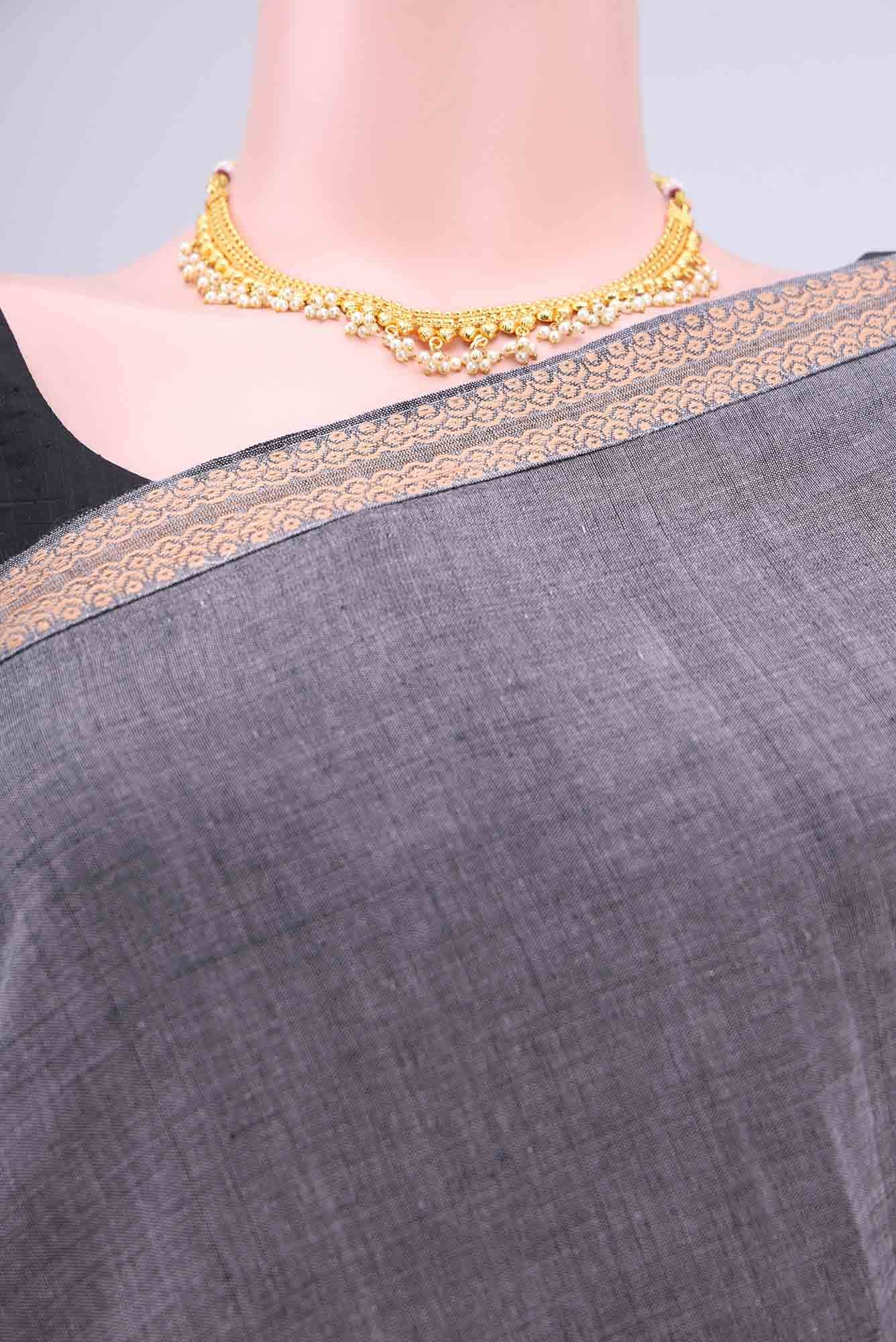Blue Grey Assam Cotton Saree - Image 2