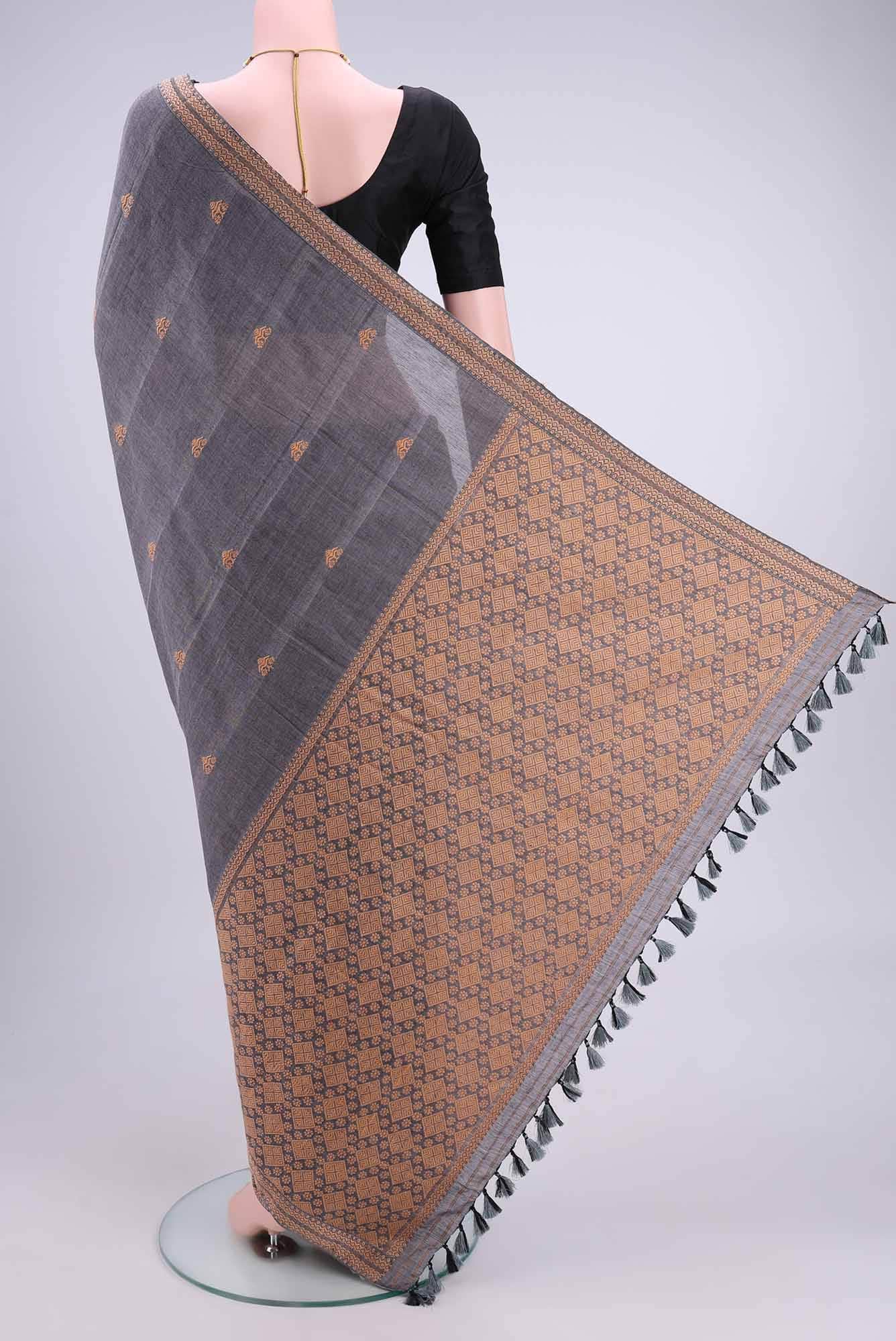 Blue Grey Assam Cotton Saree - Image 3