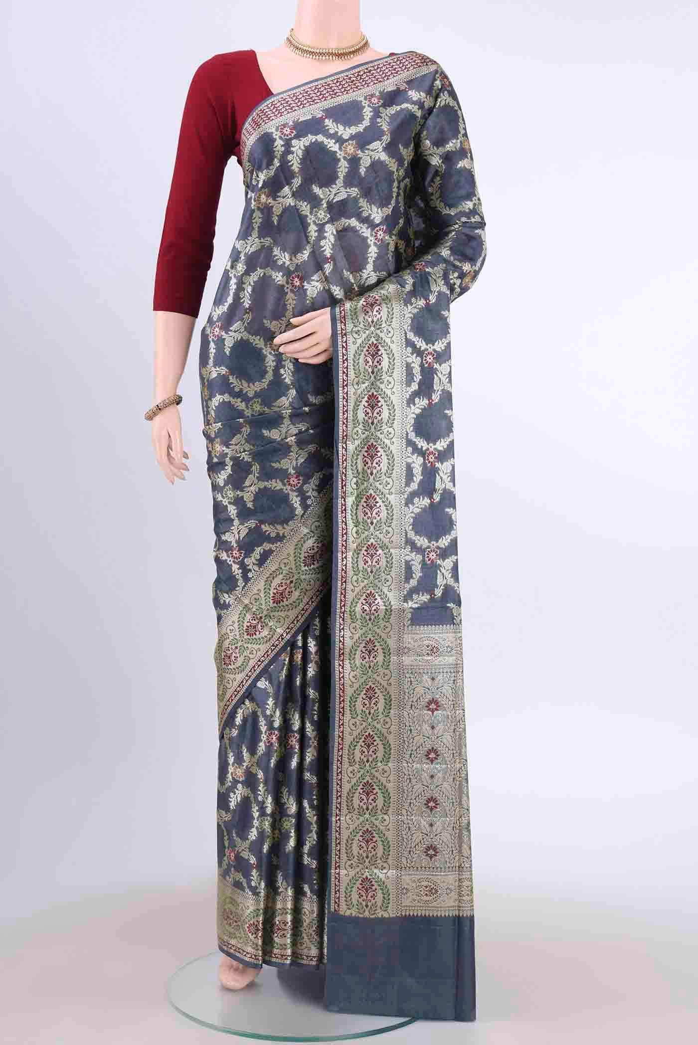 Blue Grey Banarasi Tussar Silk Saree