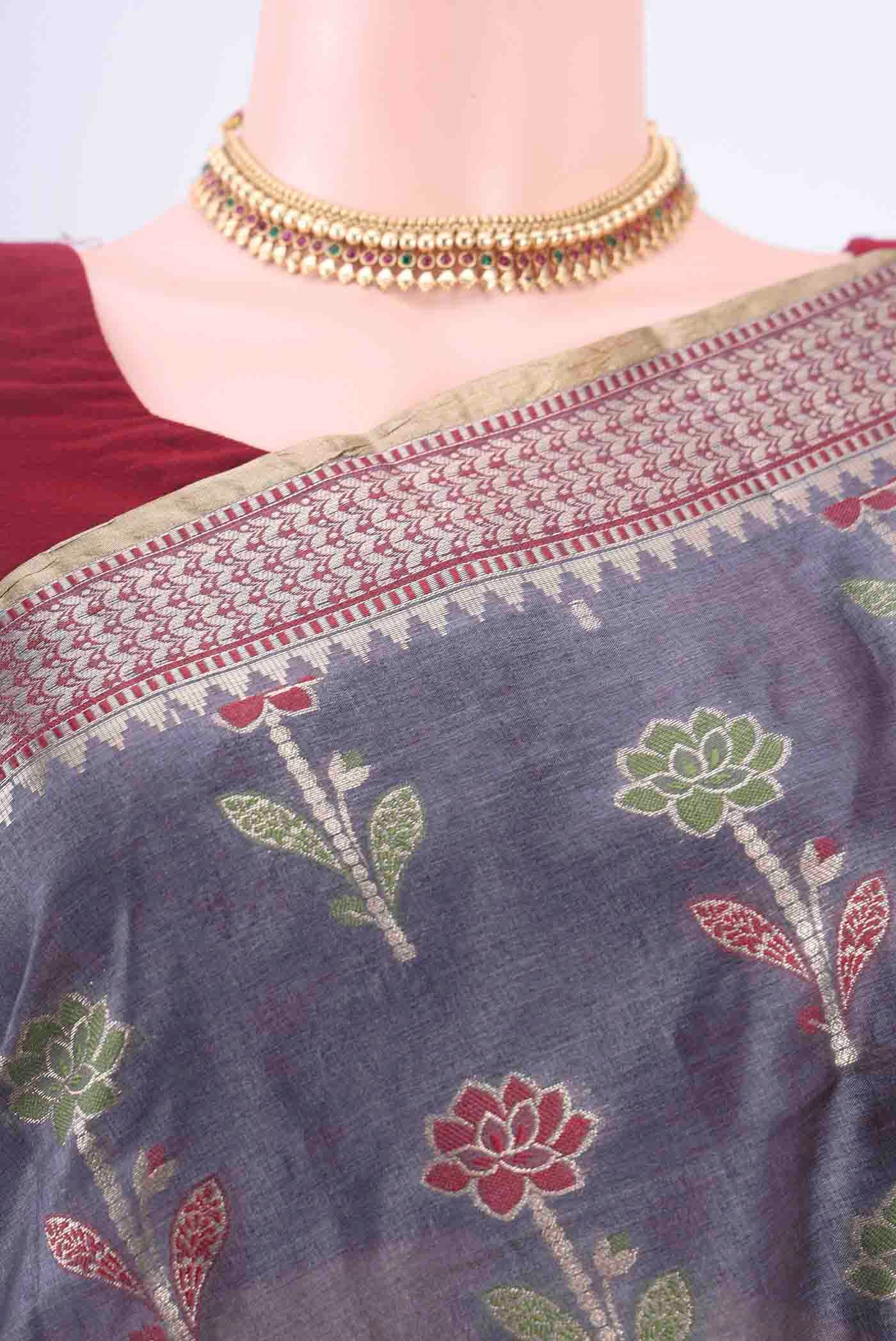 Grey Banarasi Tussar Silk Saree - Image 2