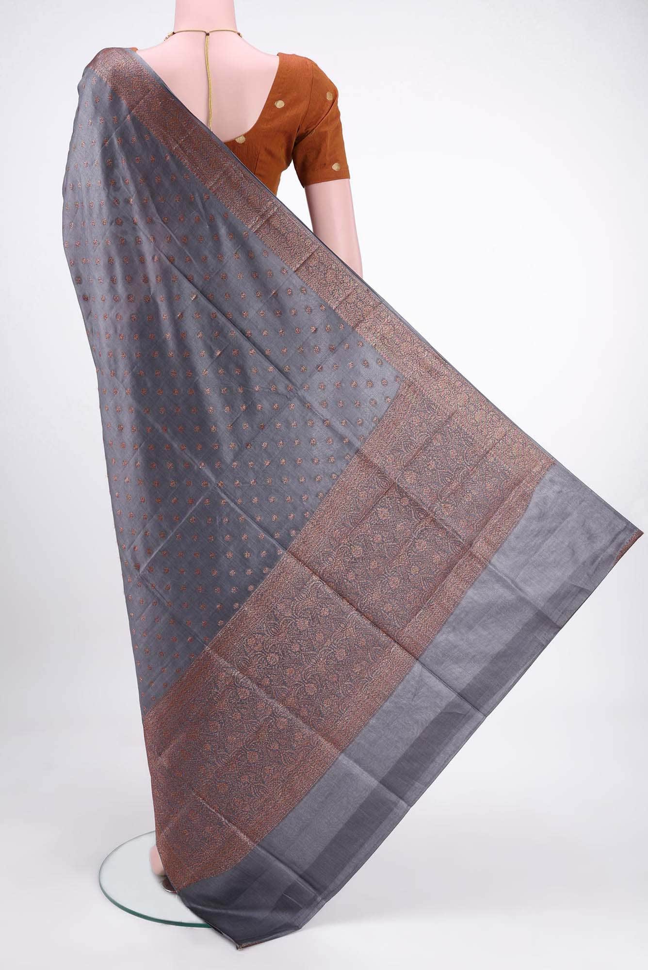 Blue Grey Banarasi Raw Silk Saree - Image 2