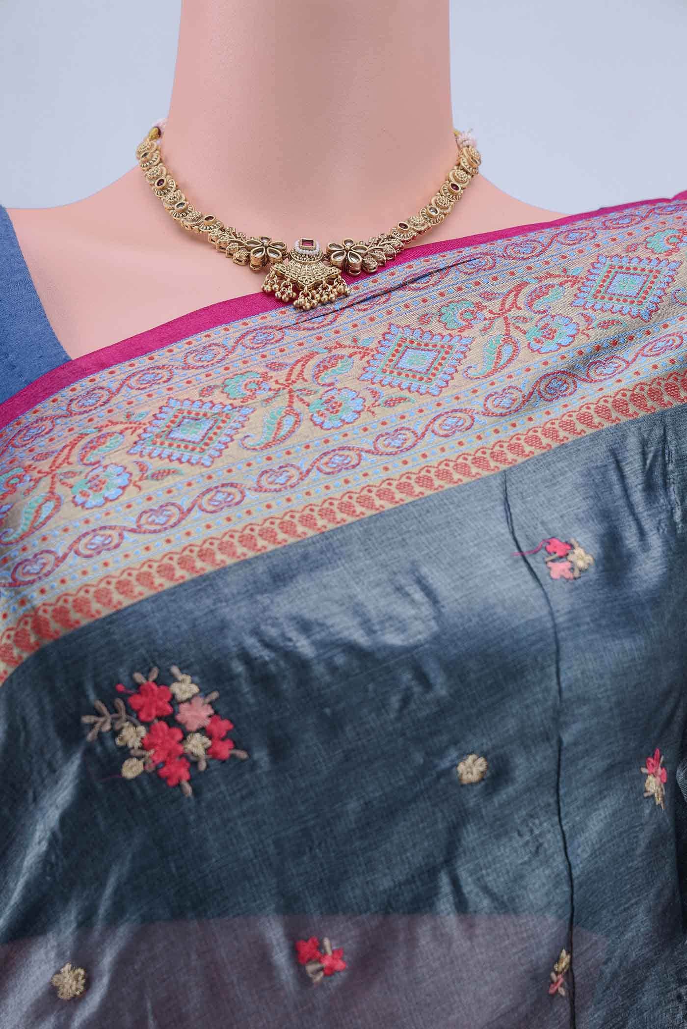 Blue Grey Banarasi Silk Saree - Image 3