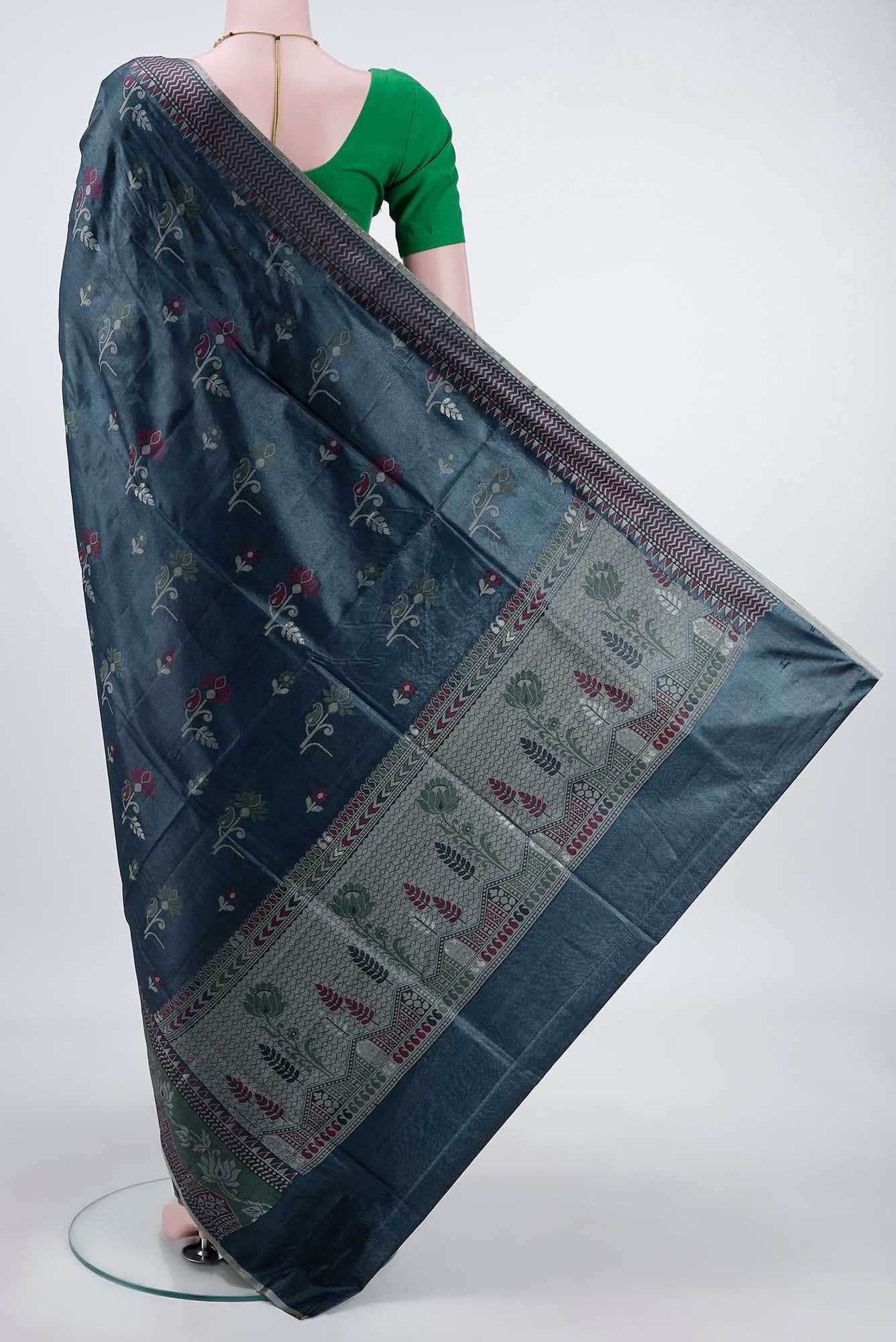 Blue Grey Banarasi Tussar Silk Saree - Image 2