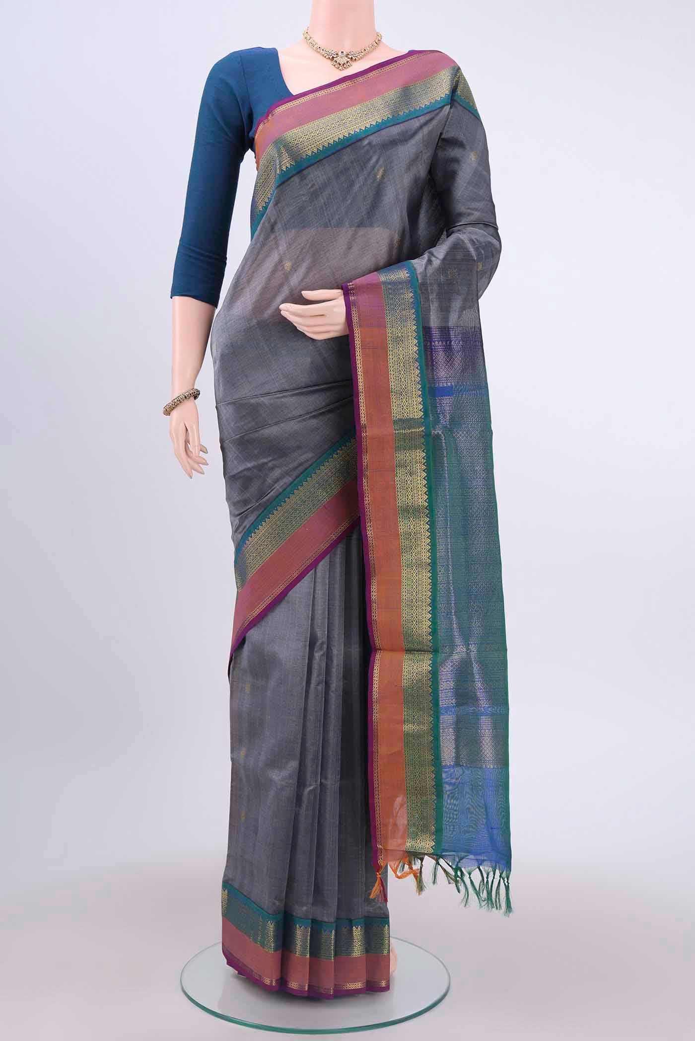 Blue Grey Silk Cotton Saree