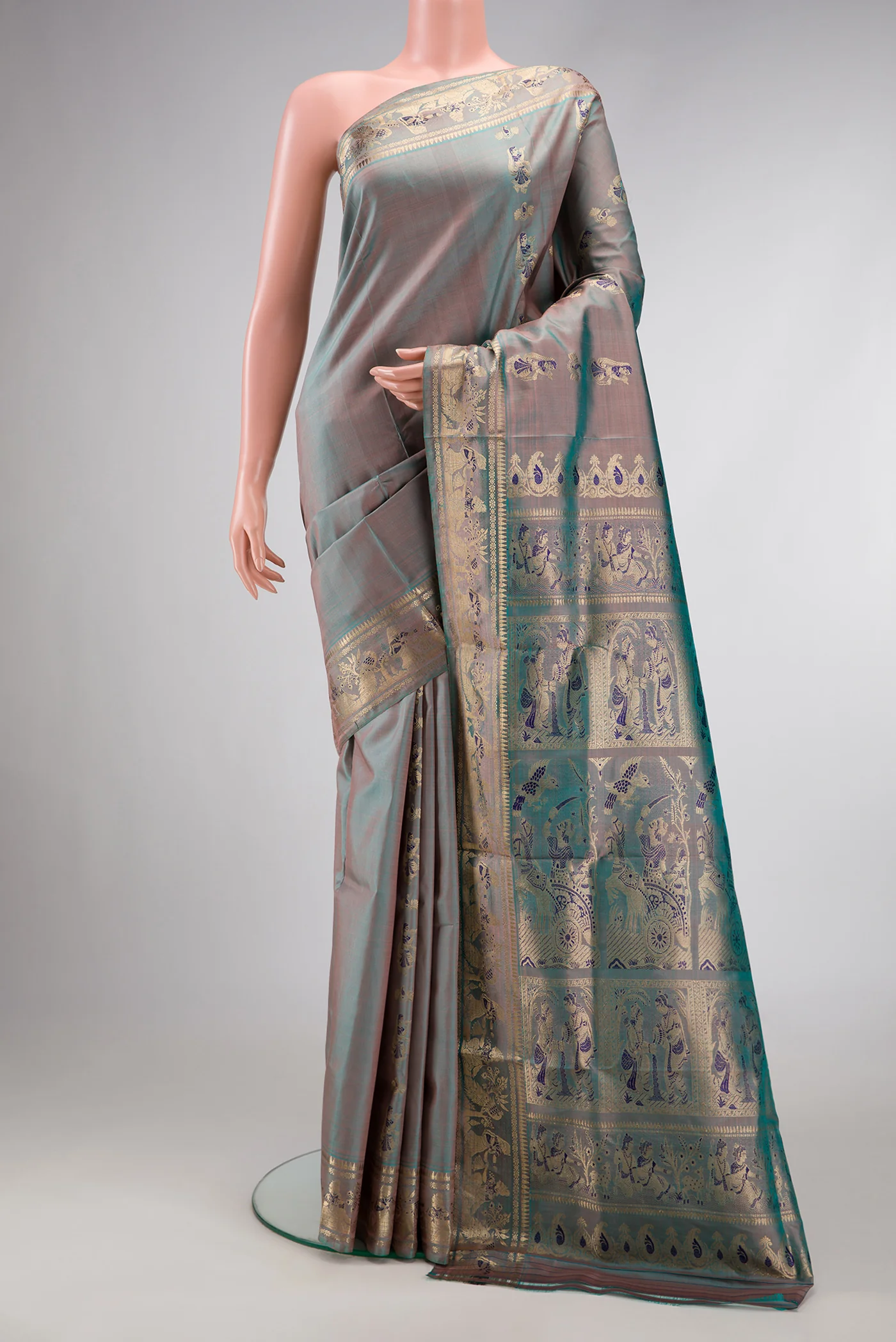 Blue Grey Dual Tone Baluchari Silk Saree
