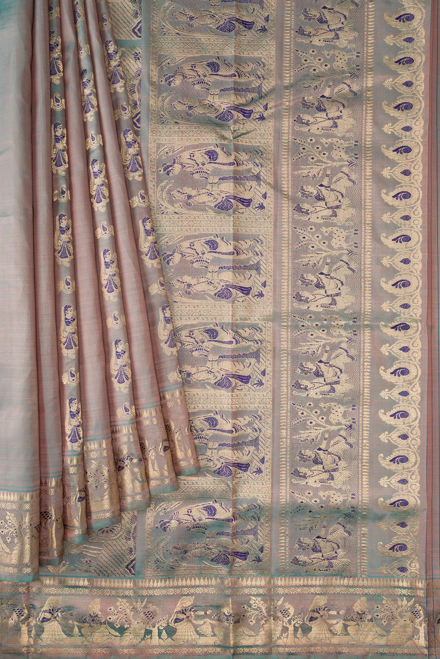 Blue Grey Dual Tone Baluchari Silk Saree - Image 4