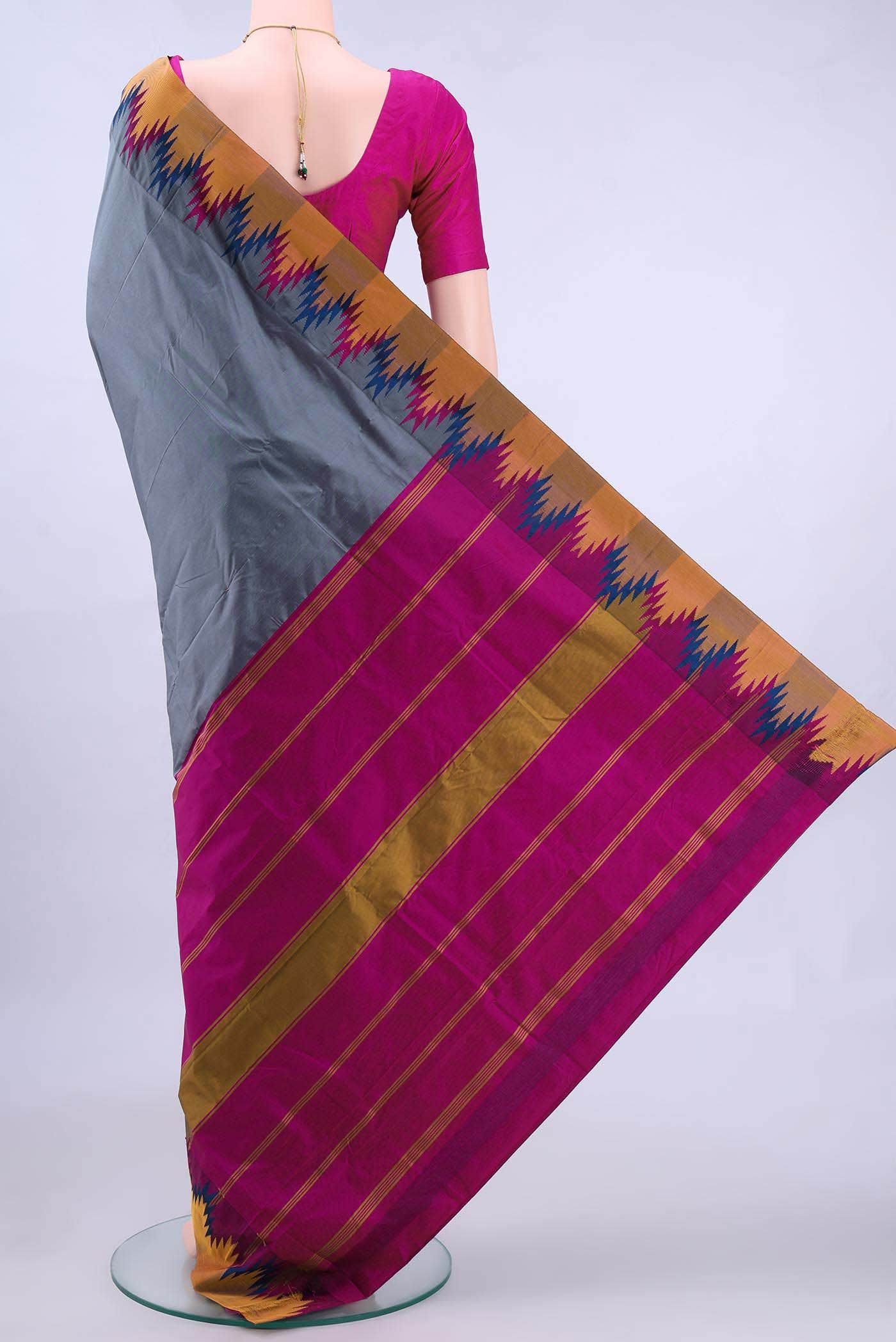 Blue Grey Dual Tone Blended Bangalore Silk Saree - Image 2