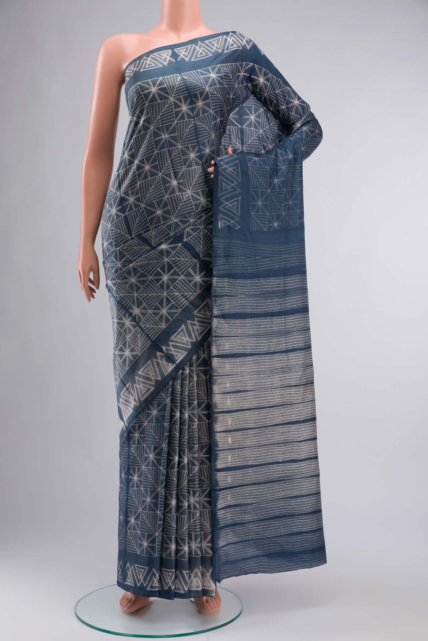 Blue Grey Printed Silk Saree