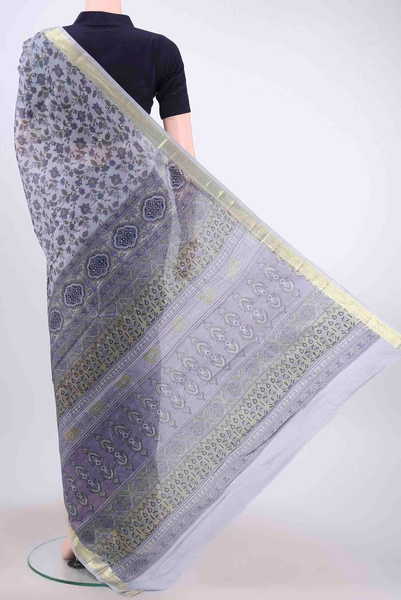 Blue Grey Printed Silk Saree - Image 3