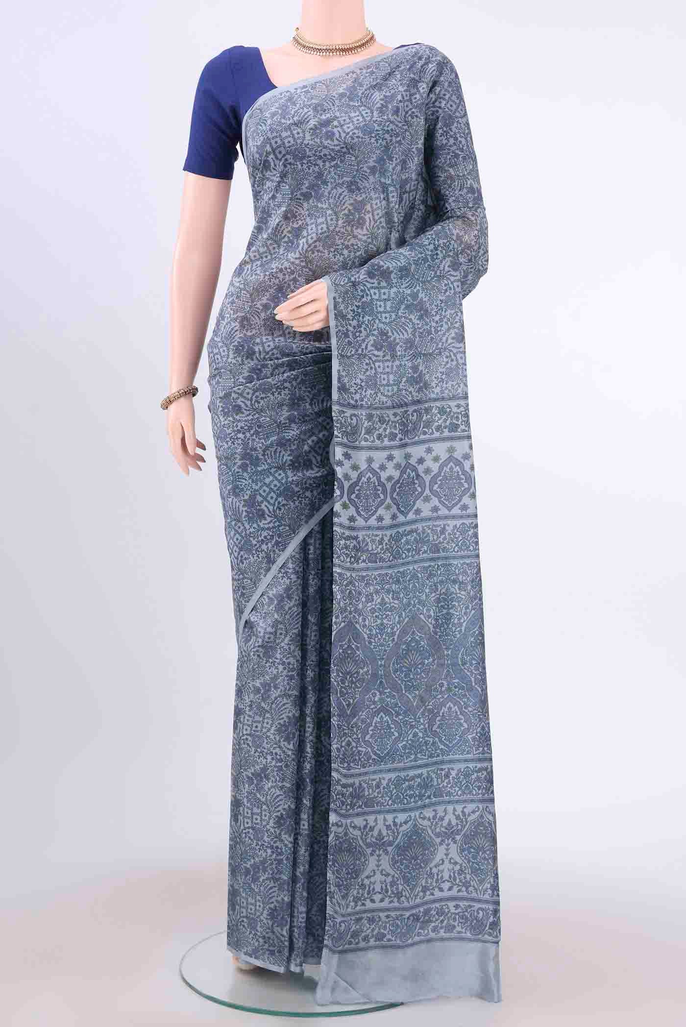 Blue Grey Printed Silk Saree