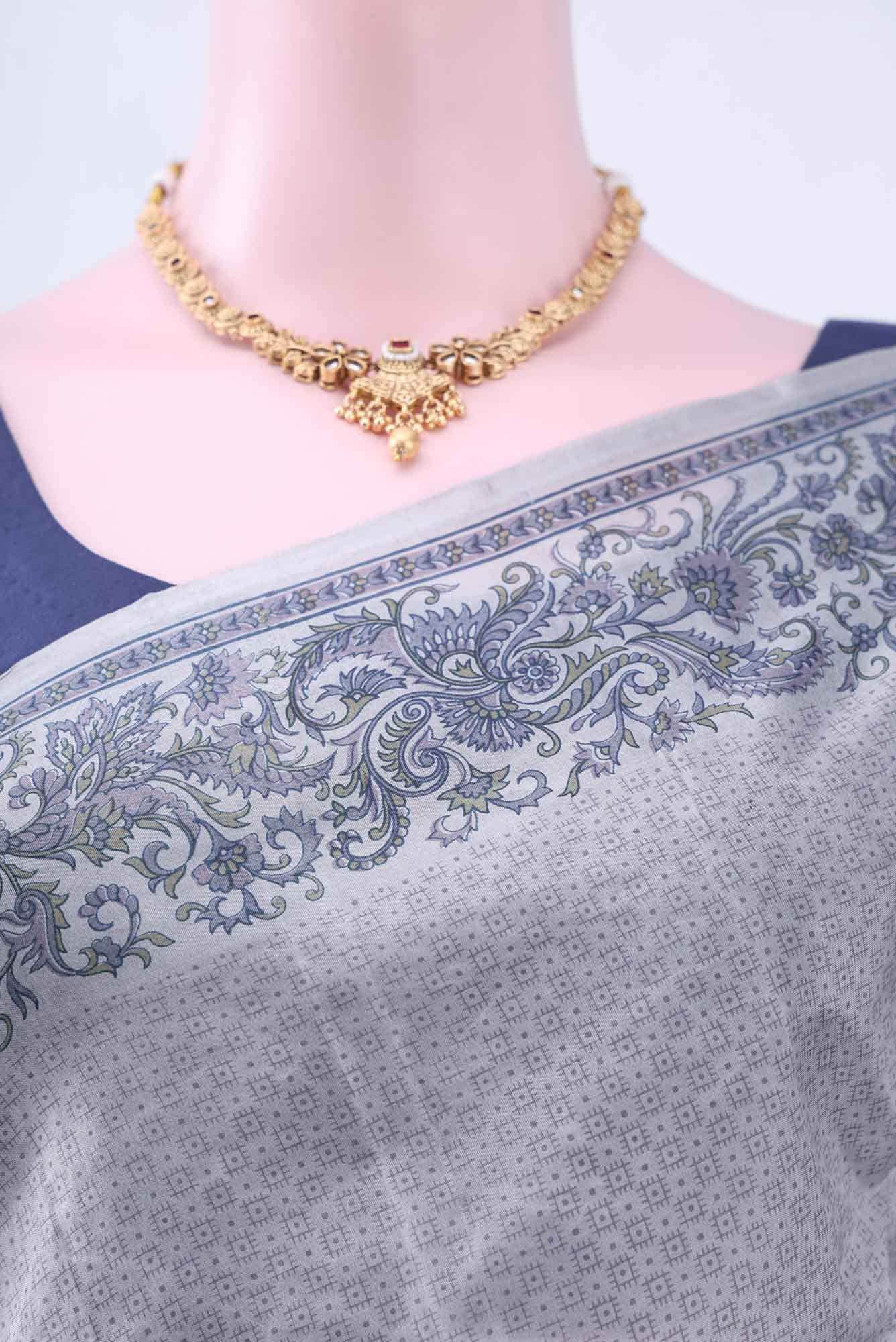 Blue Grey Printed Silk Saree - Image 2