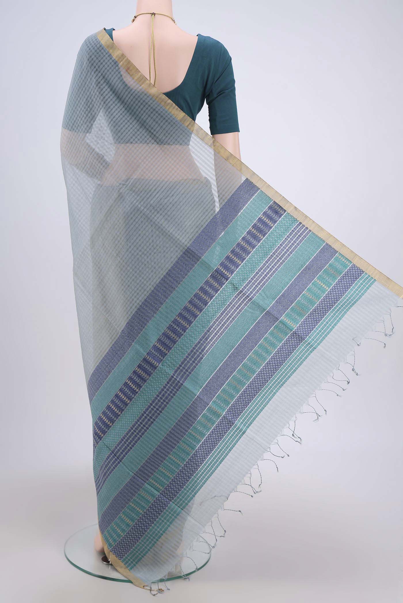 Blue Grey Silk Cotton Saree - Image 3