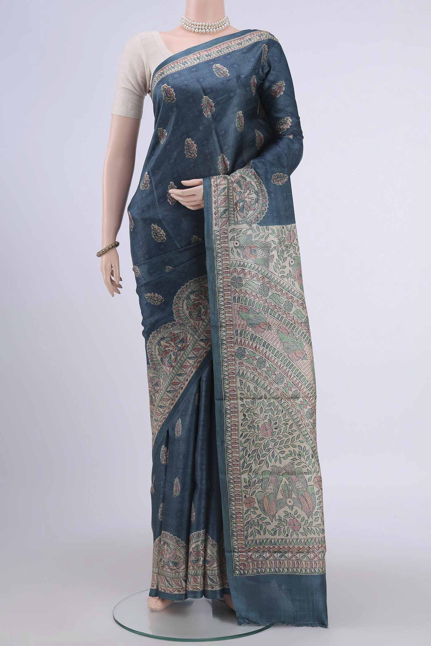 Blue Grey Tussar Silk Saree