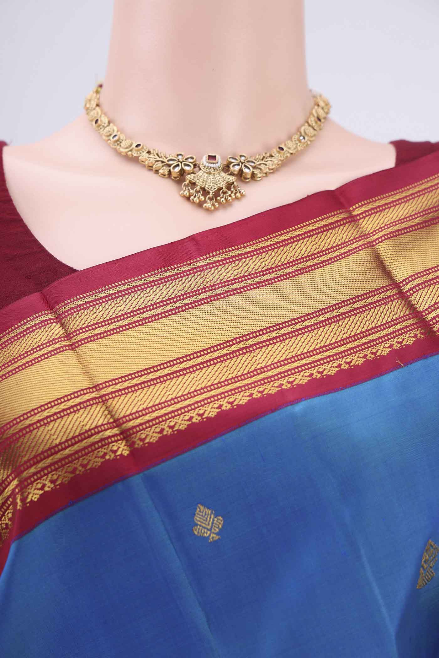 Pure Silk Pure Zari Blue Kanchipuram Saree - Image 2