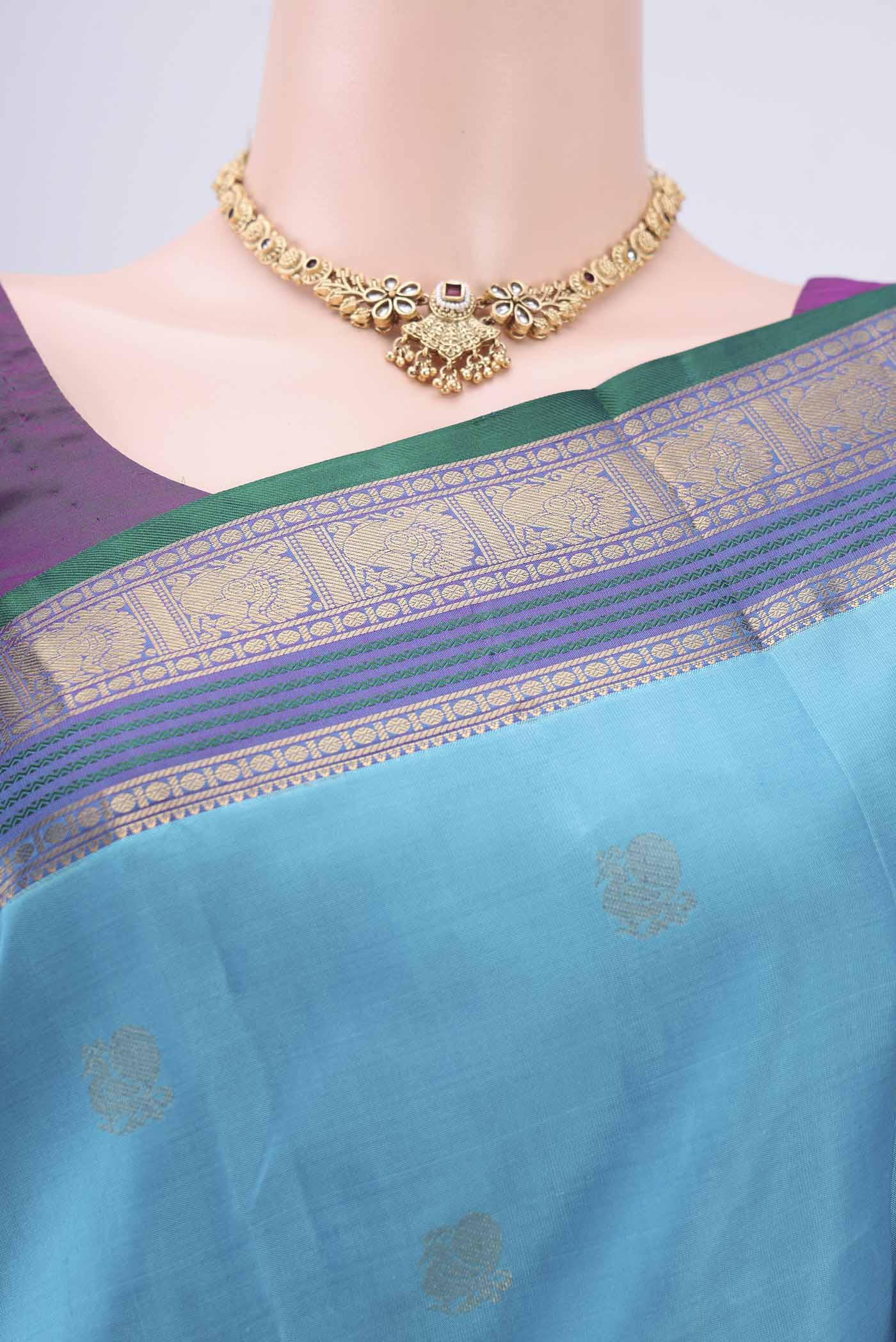 Sky Blue Kanchipuram Silk Saree - Image 2