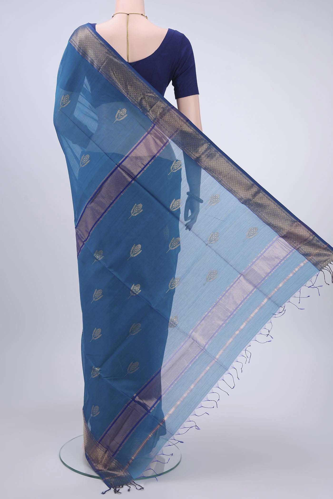 Blue Maheshwari Silk Cotton Saree - Image 3