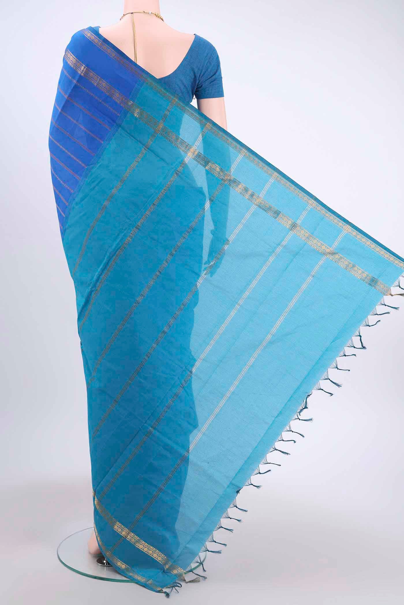 Royal Blue Blended Poly Cotton Saree - Image 3