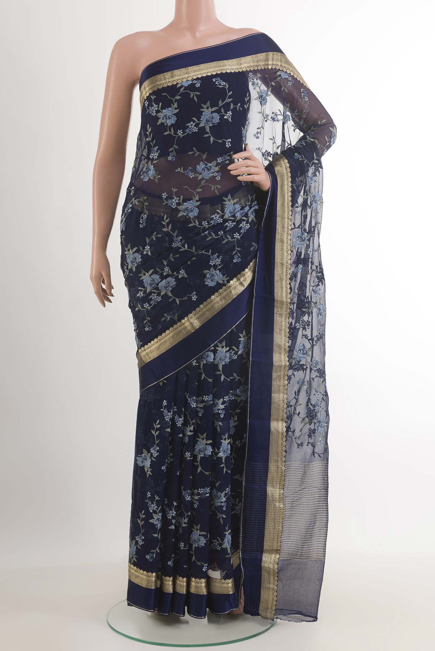 Navy Blue Mysore Chiffon Saree