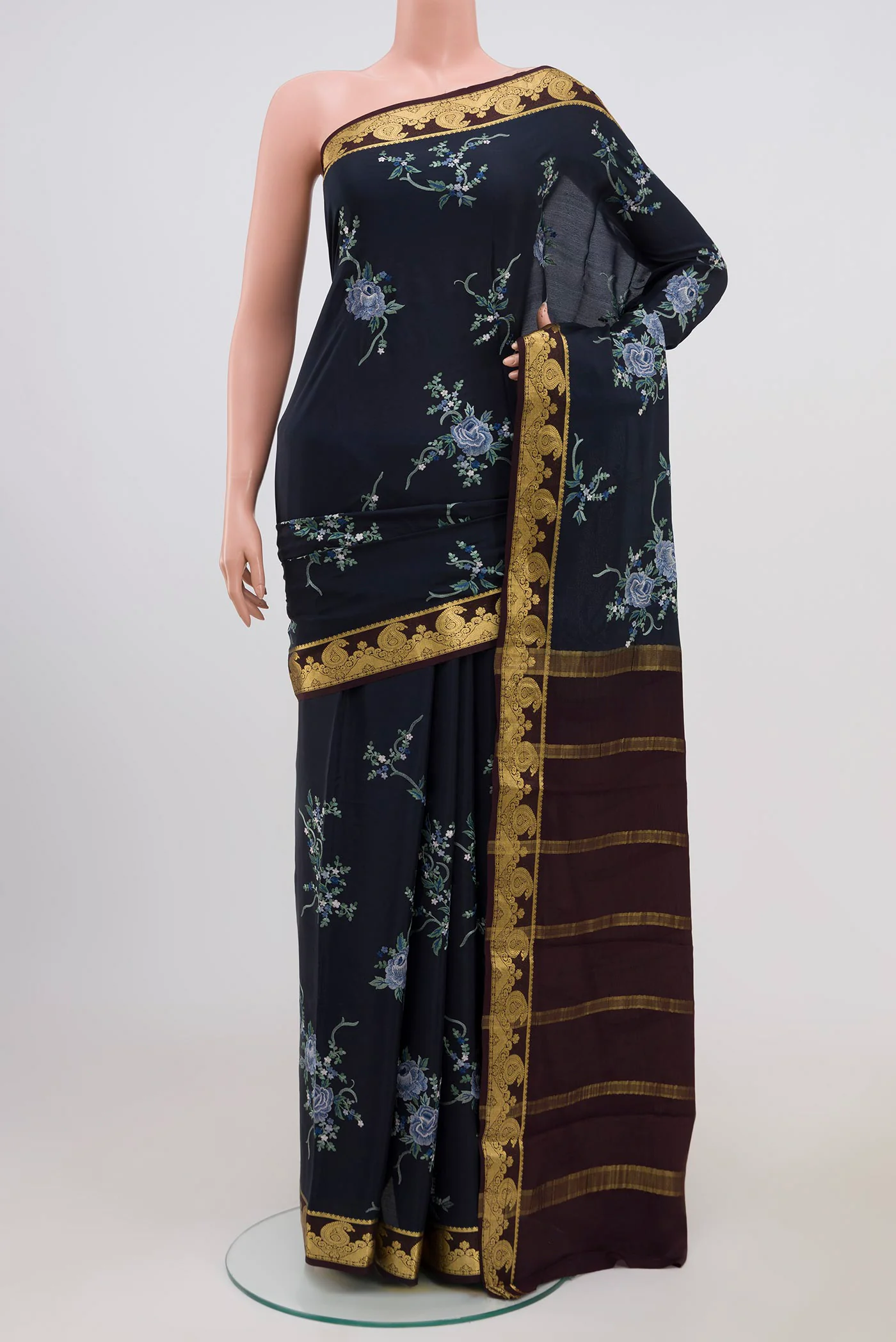 Navy Blue Mysore Crepe Saree