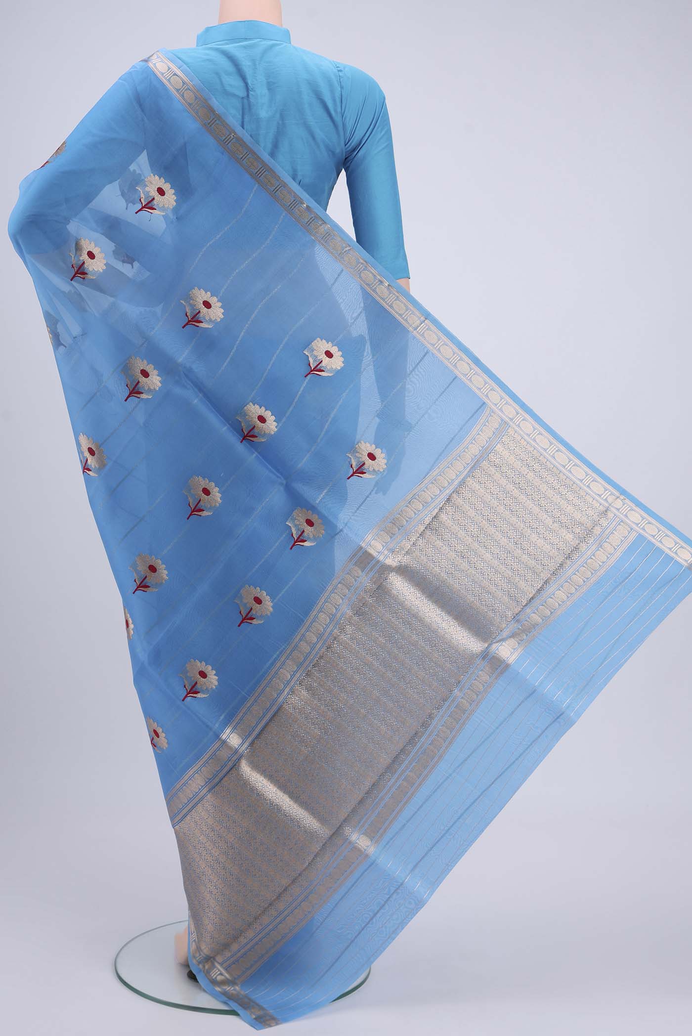 Sky Blue Banarasi Kora Silk Saree - Image 3