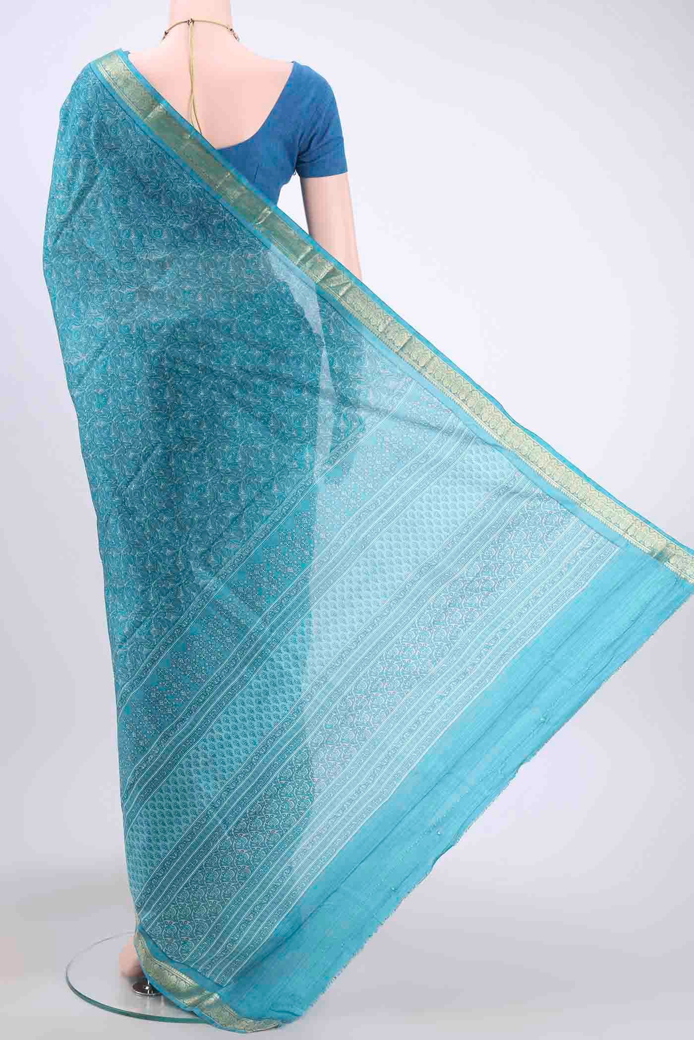 Blue Printed Silk Saree - Image 3