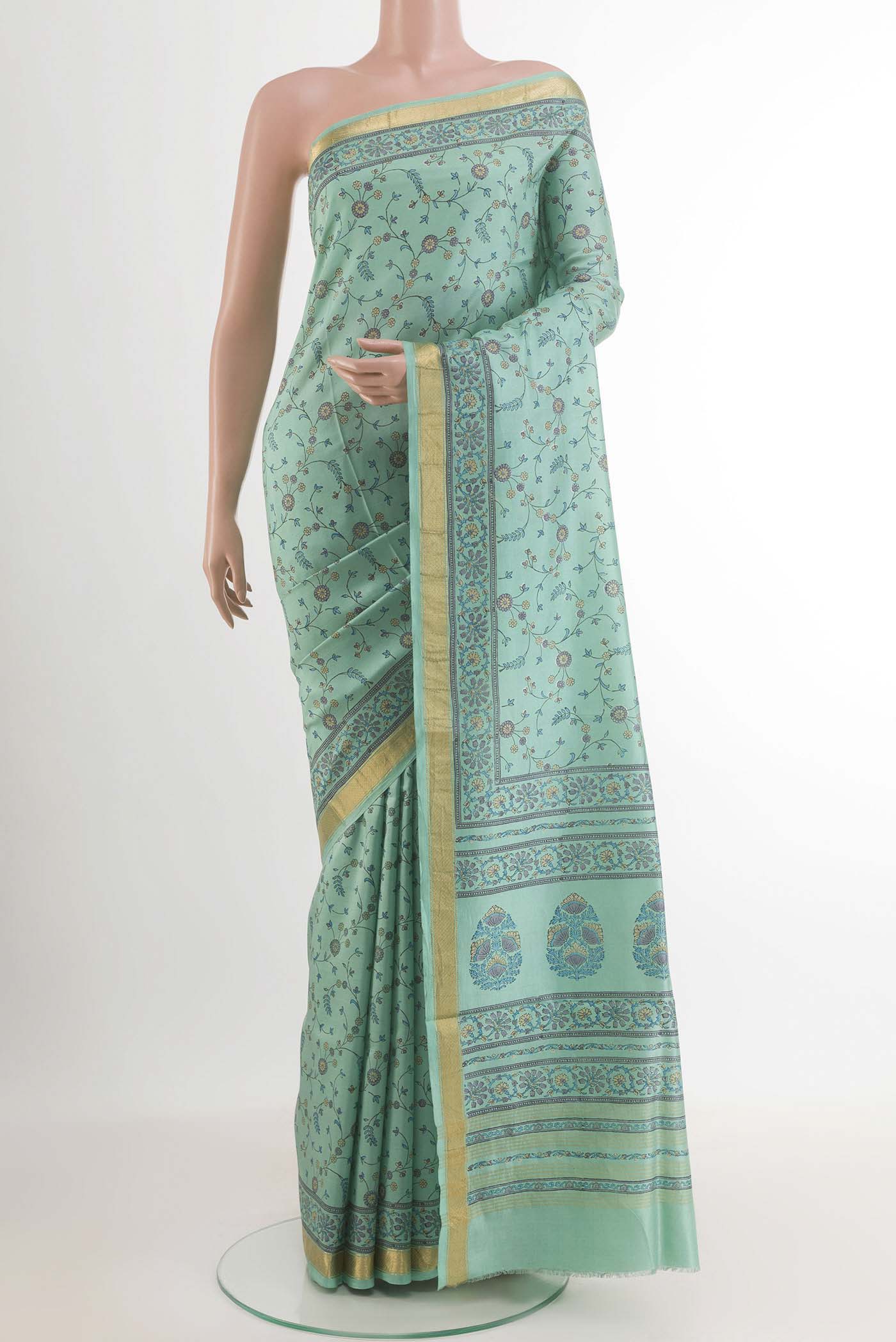 Sea Green Printed Silk Saree