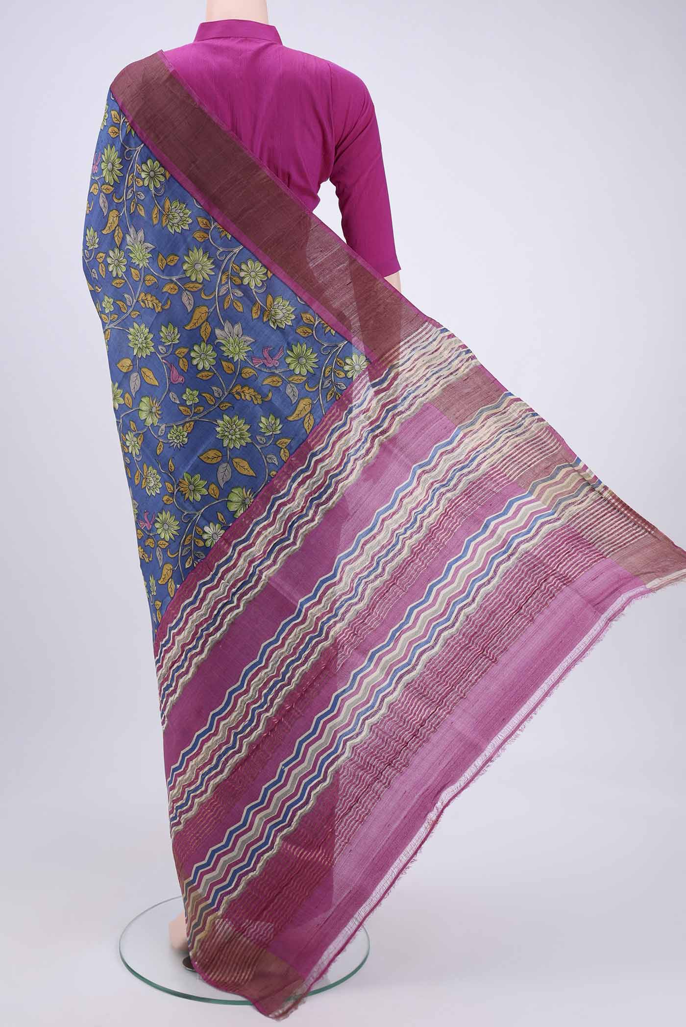 Blue Printed Silk Saree - Image 3