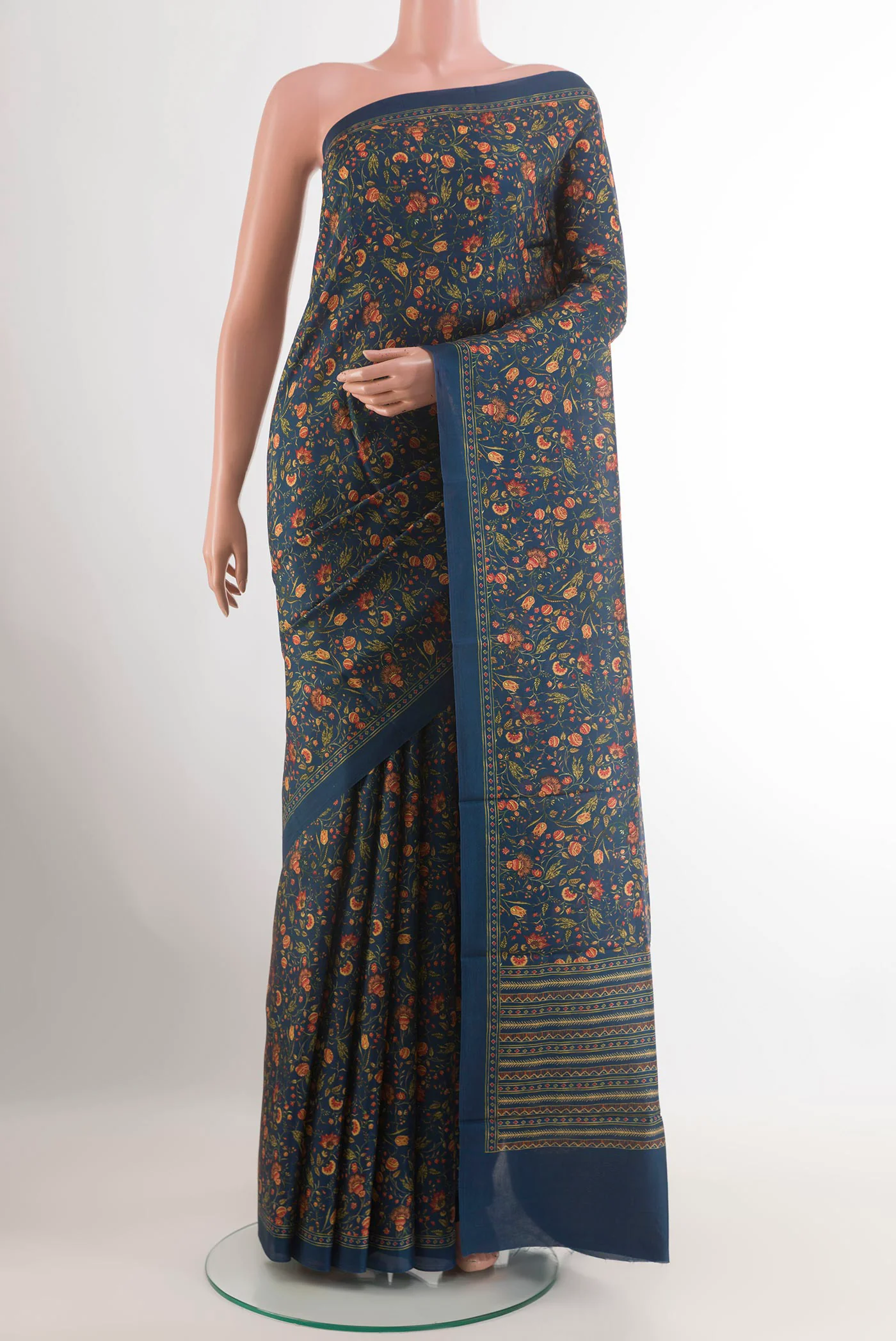 Navy Blue Printed Silk Saree