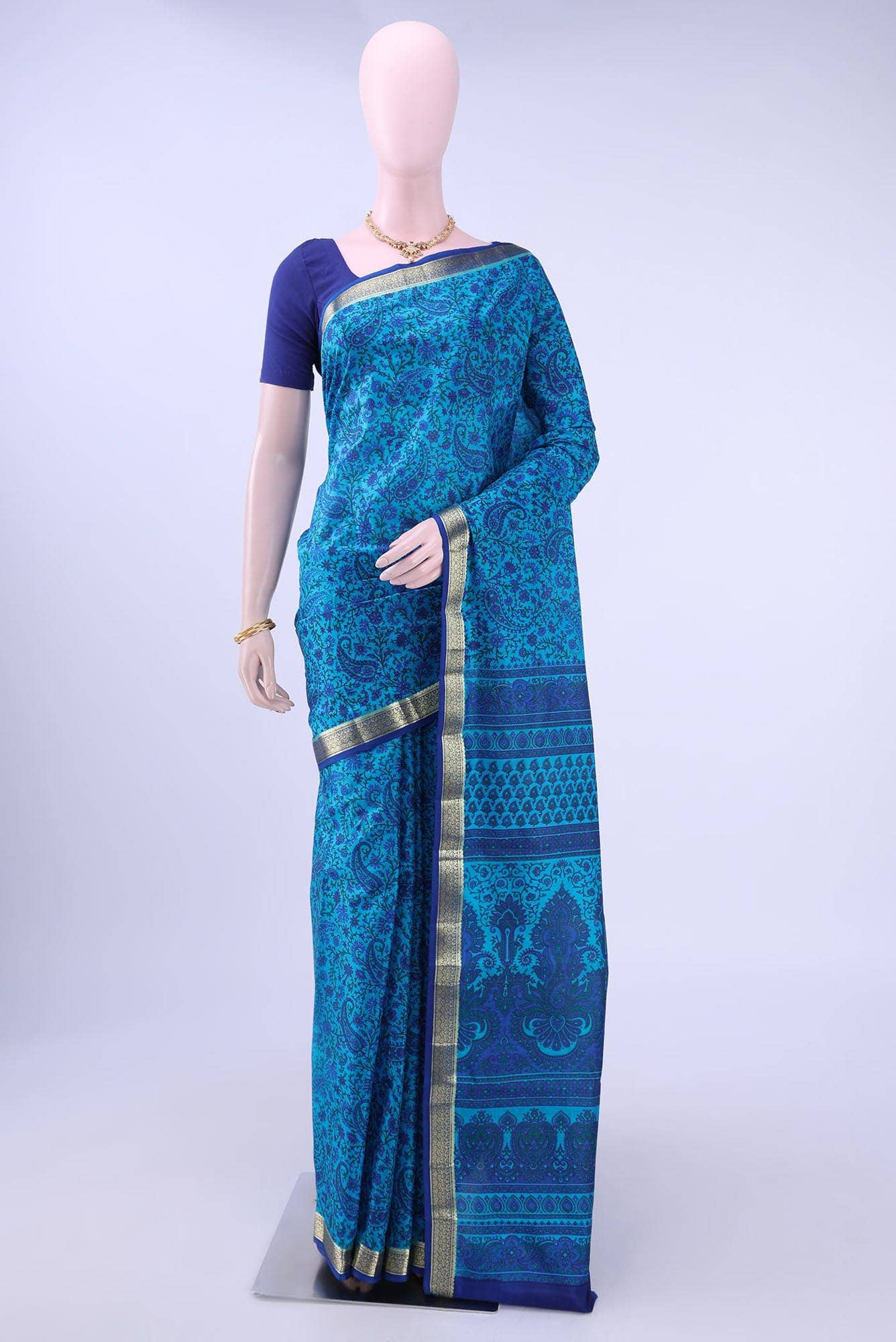 Blue Printed Silk Saree - Image 2
