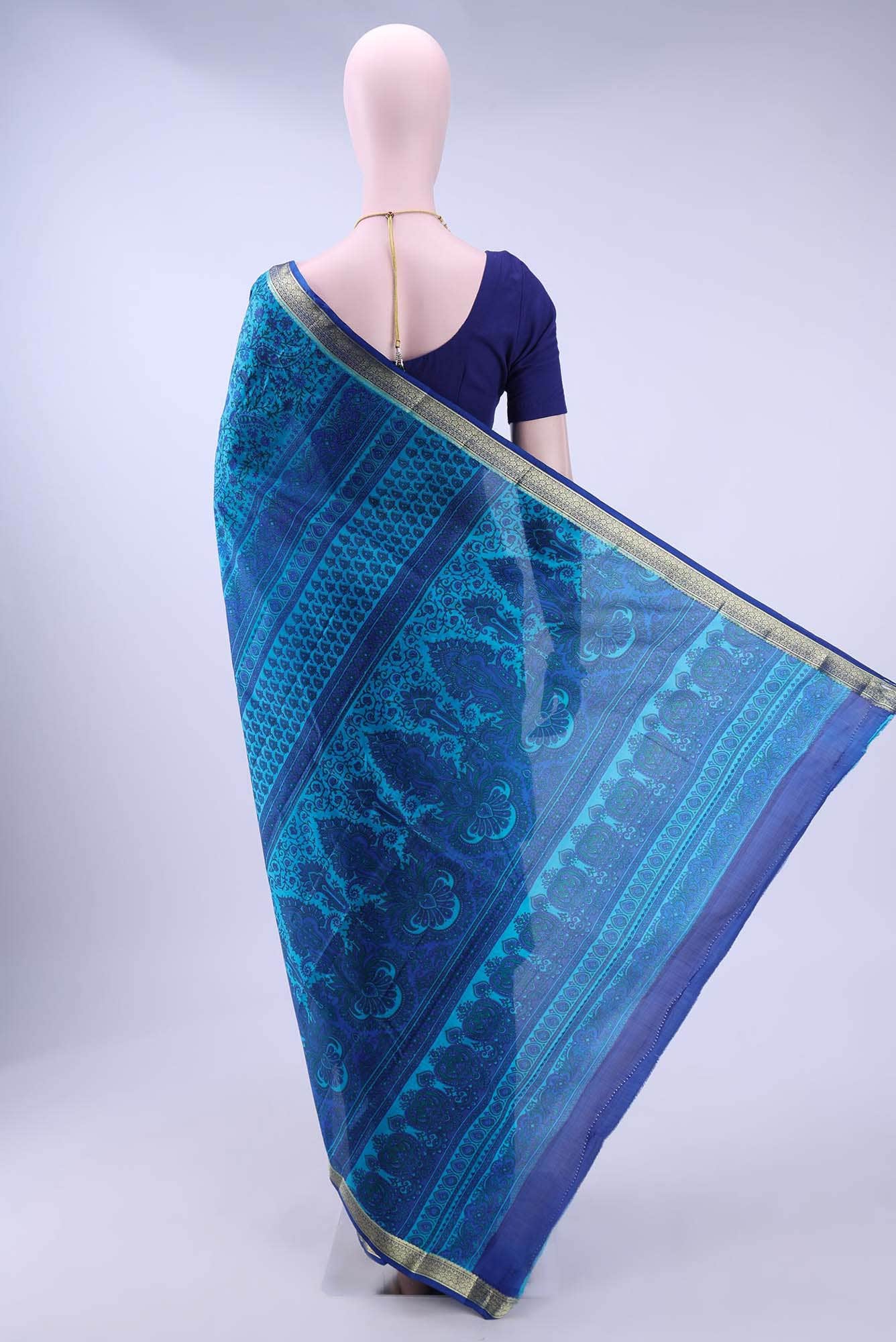 Blue Printed Silk Saree - Image 3