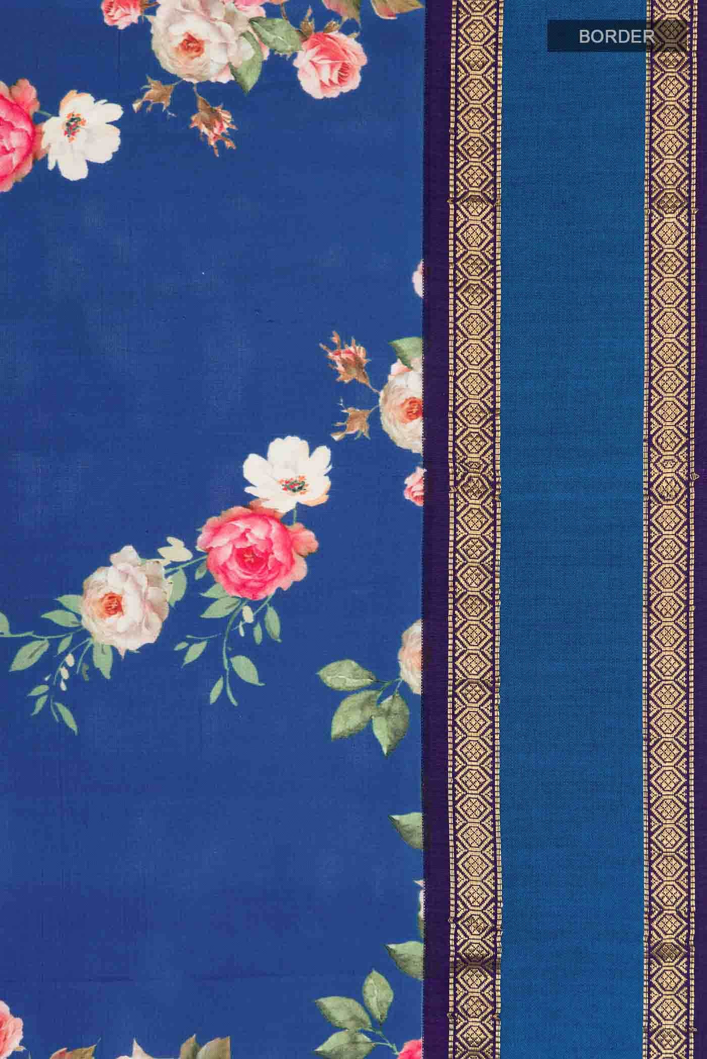 Blue Printed Silk Saree - Image 5