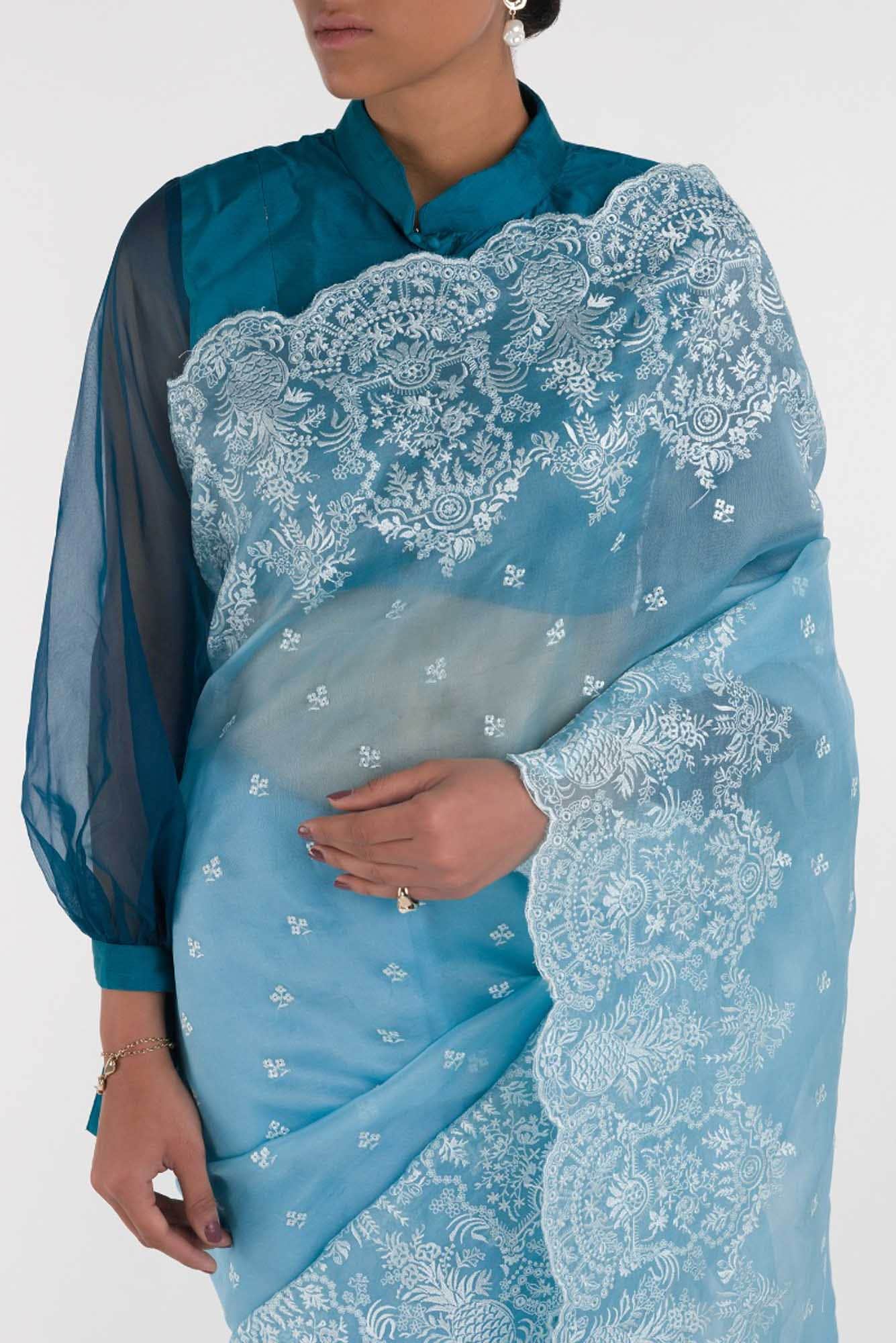 Passion Paradise Blue floral design saree from Embroidered Romance Collection by Nalli - Image 2