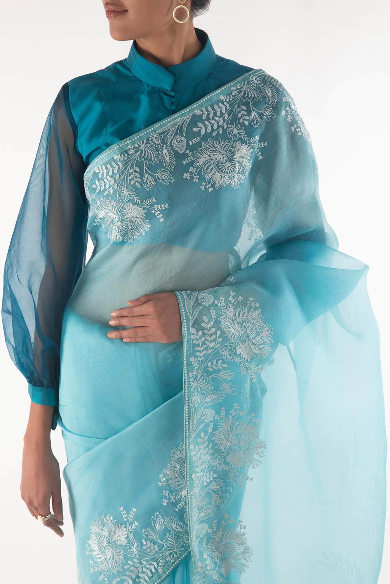 Asteracea Blue floral design saree from Embroidered Romance Collection by Nalli - Image 2