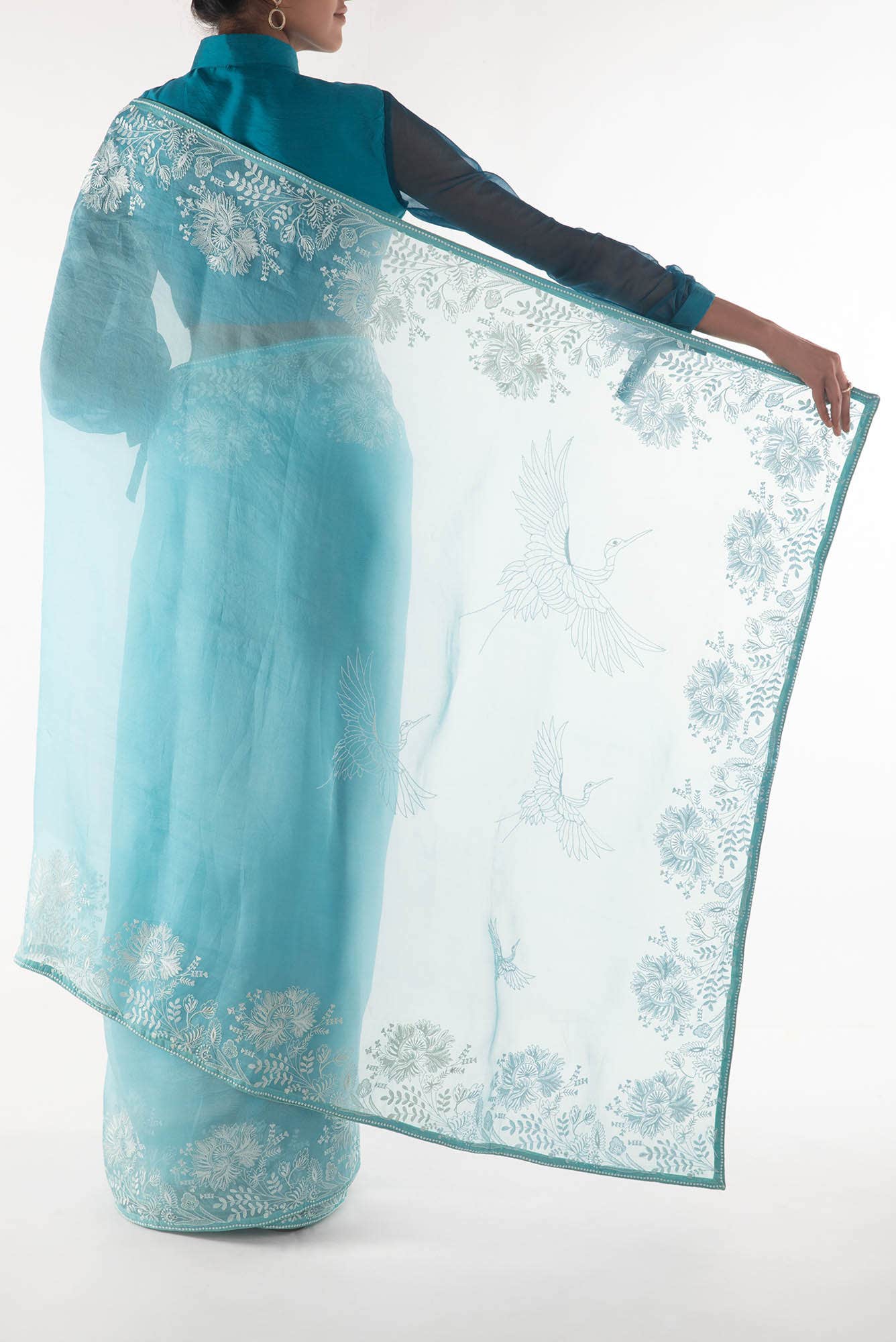 Asteracea Blue floral design saree from Embroidered Romance Collection by Nalli - Image 4