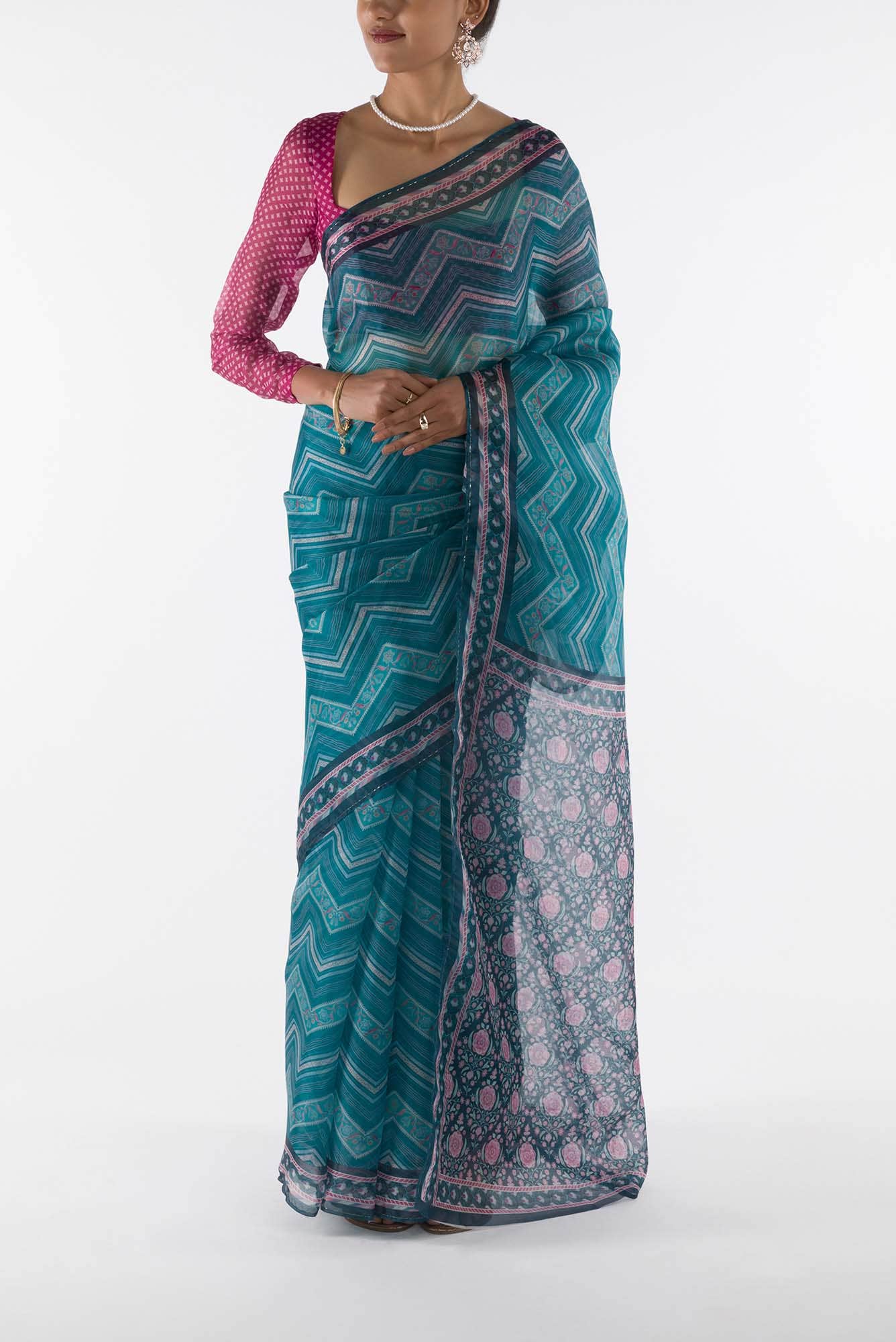 Leher - Blue Floral design saree from Chintz Collection, Designed by Nalli - Image 2