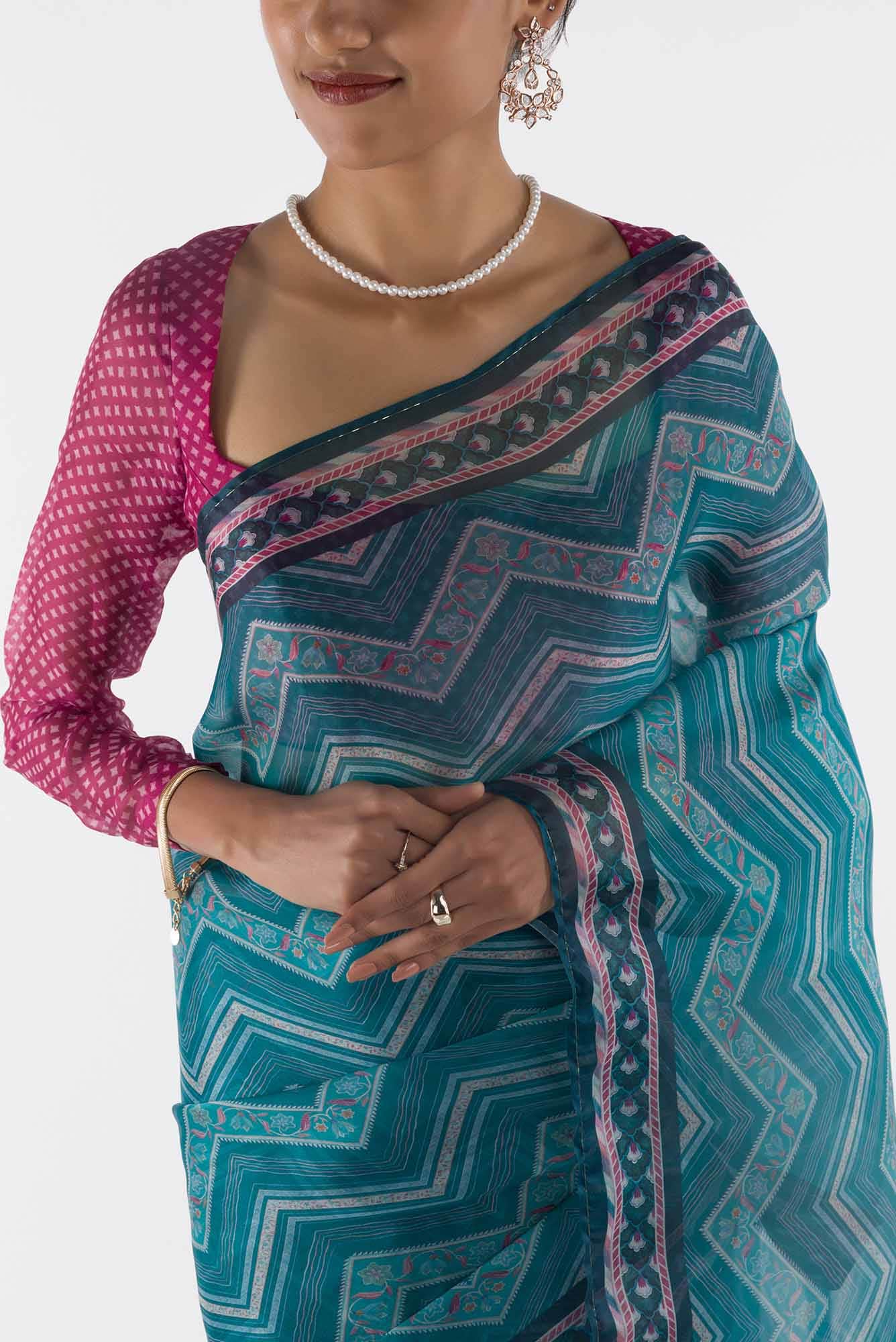 Leher - Blue Floral design saree from Chintz Collection, Designed by Nalli - Image 3