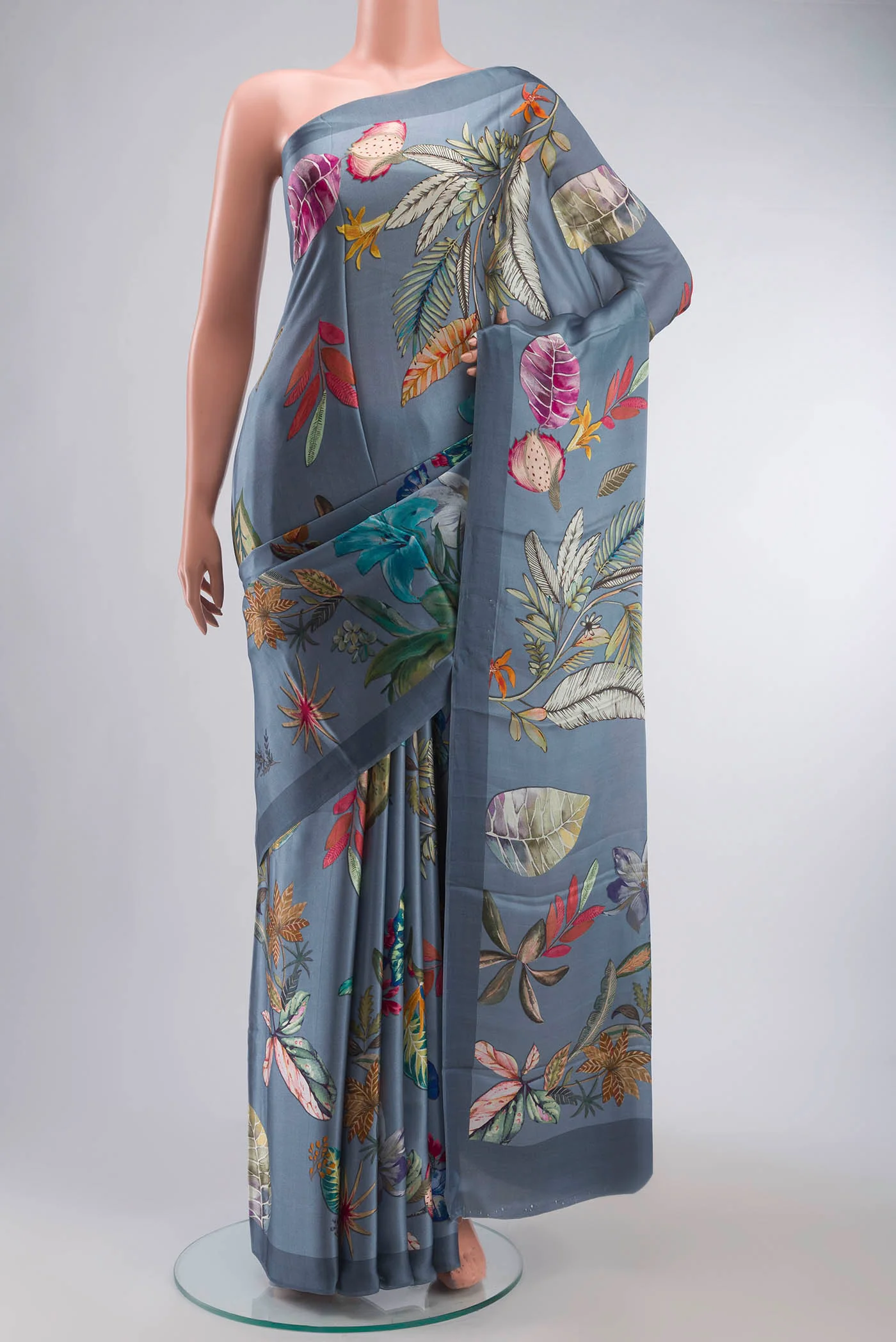 Blue Grey Satin Silk Saree
