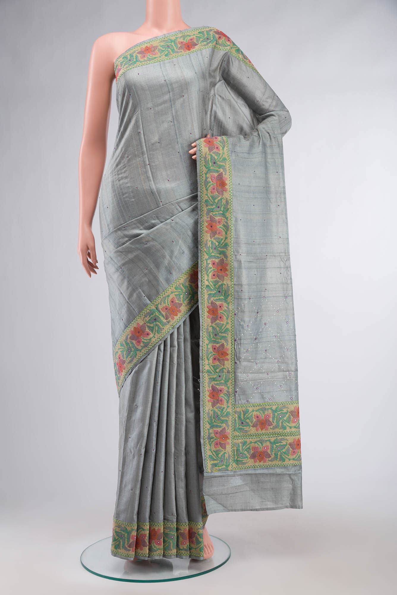 Grey Tussar Silk Saree