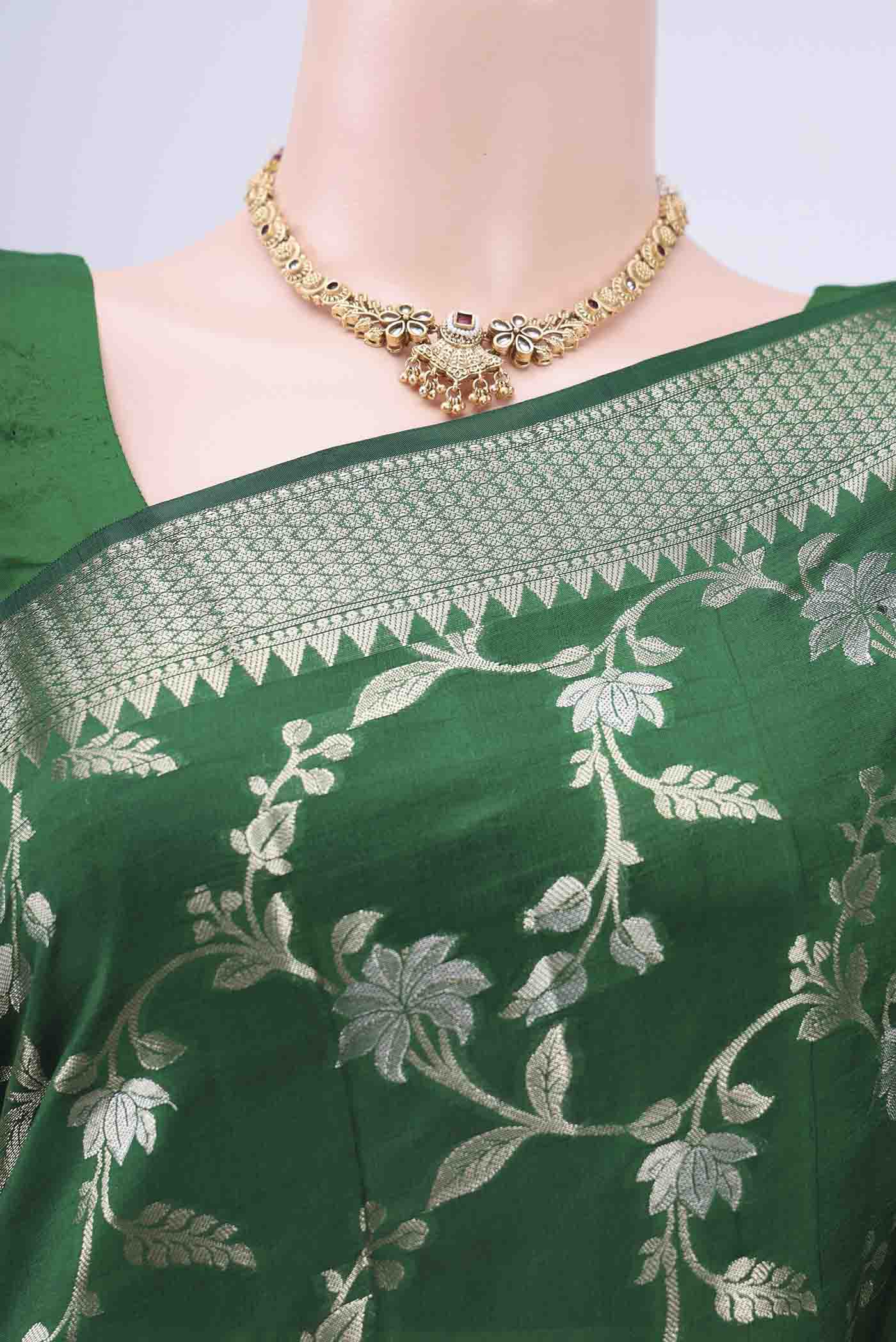 Bottle Green Banarasi Raw Silk Saree - Image 2
