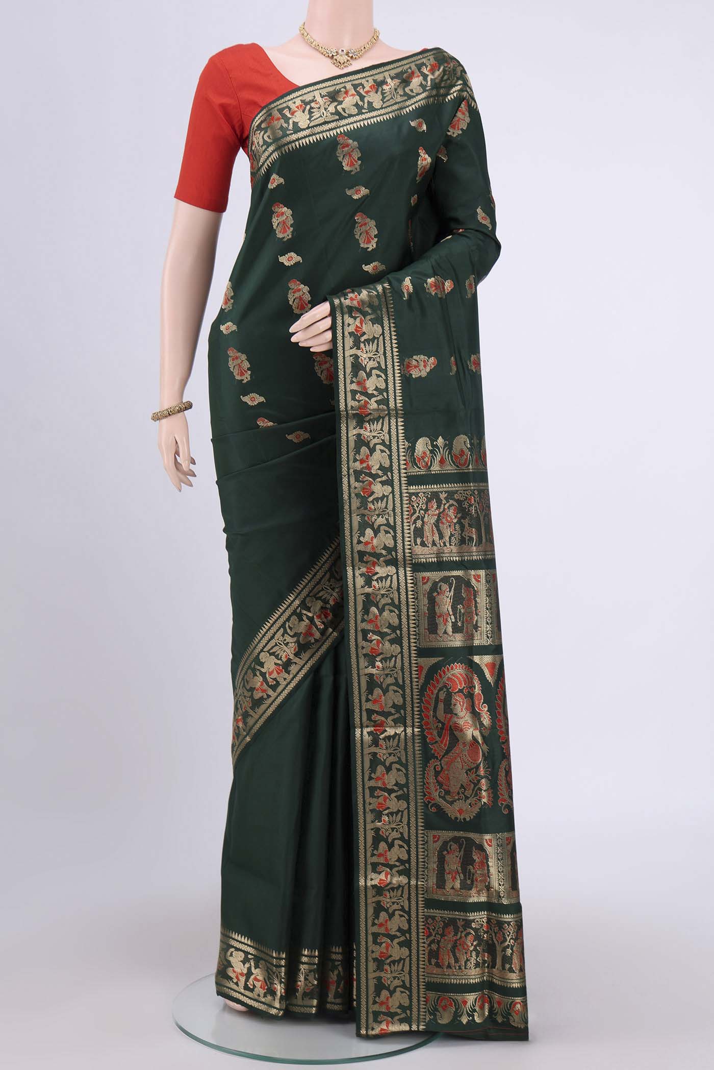 Bottle Green Baluchari Silk Saree