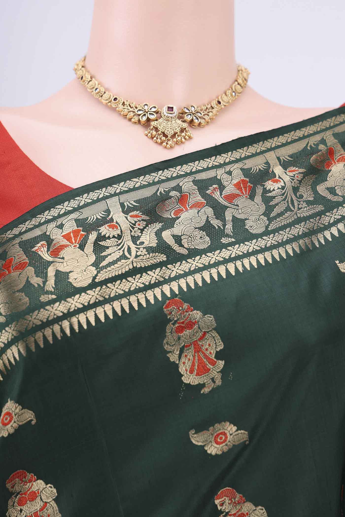 Bottle Green Baluchari Silk Saree - Image 2