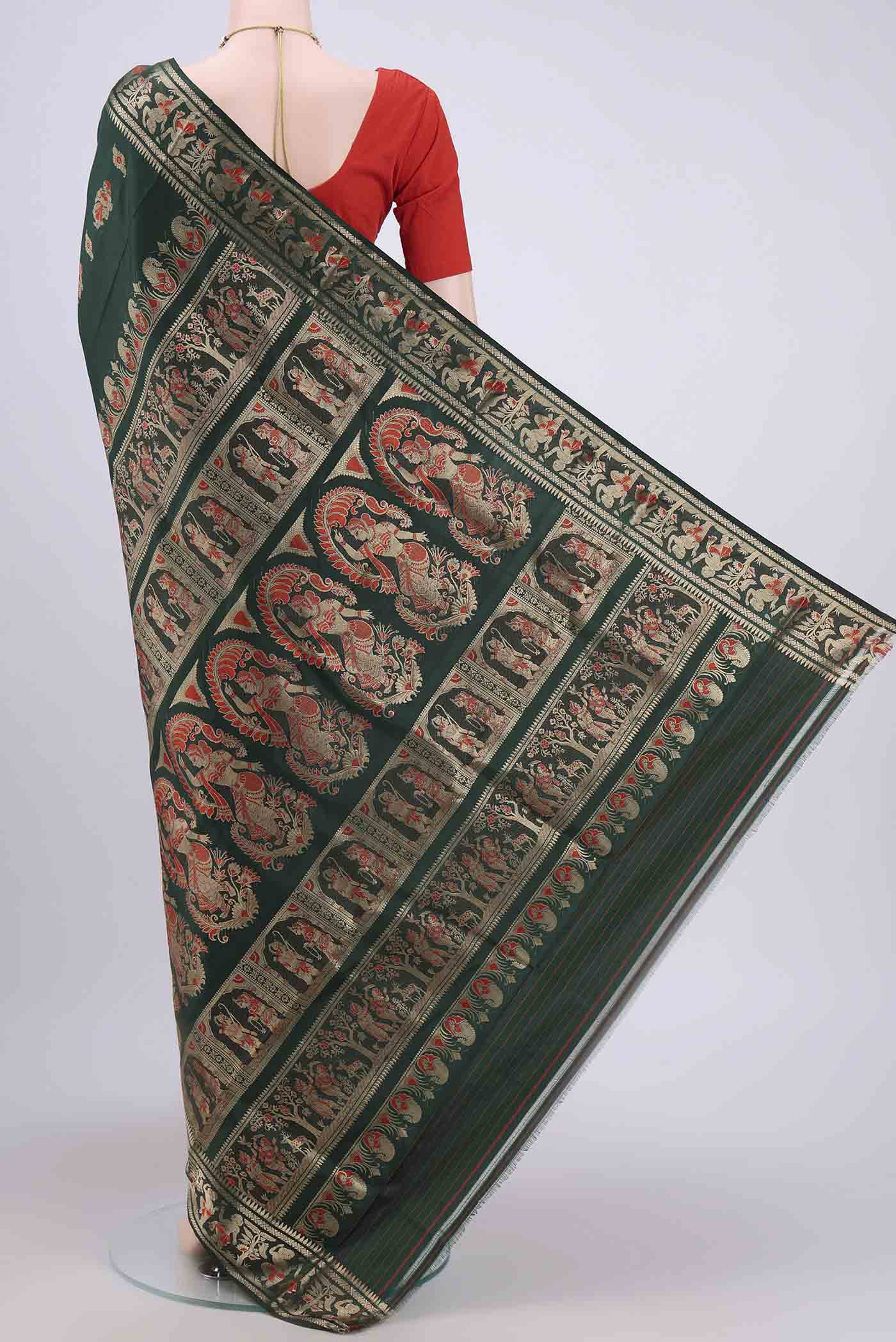Bottle Green Baluchari Silk Saree - Image 3