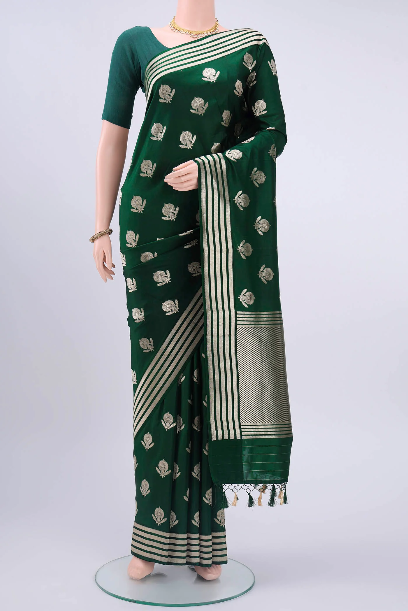 Bottle Green Dual Tone Banarasi Silk Saree