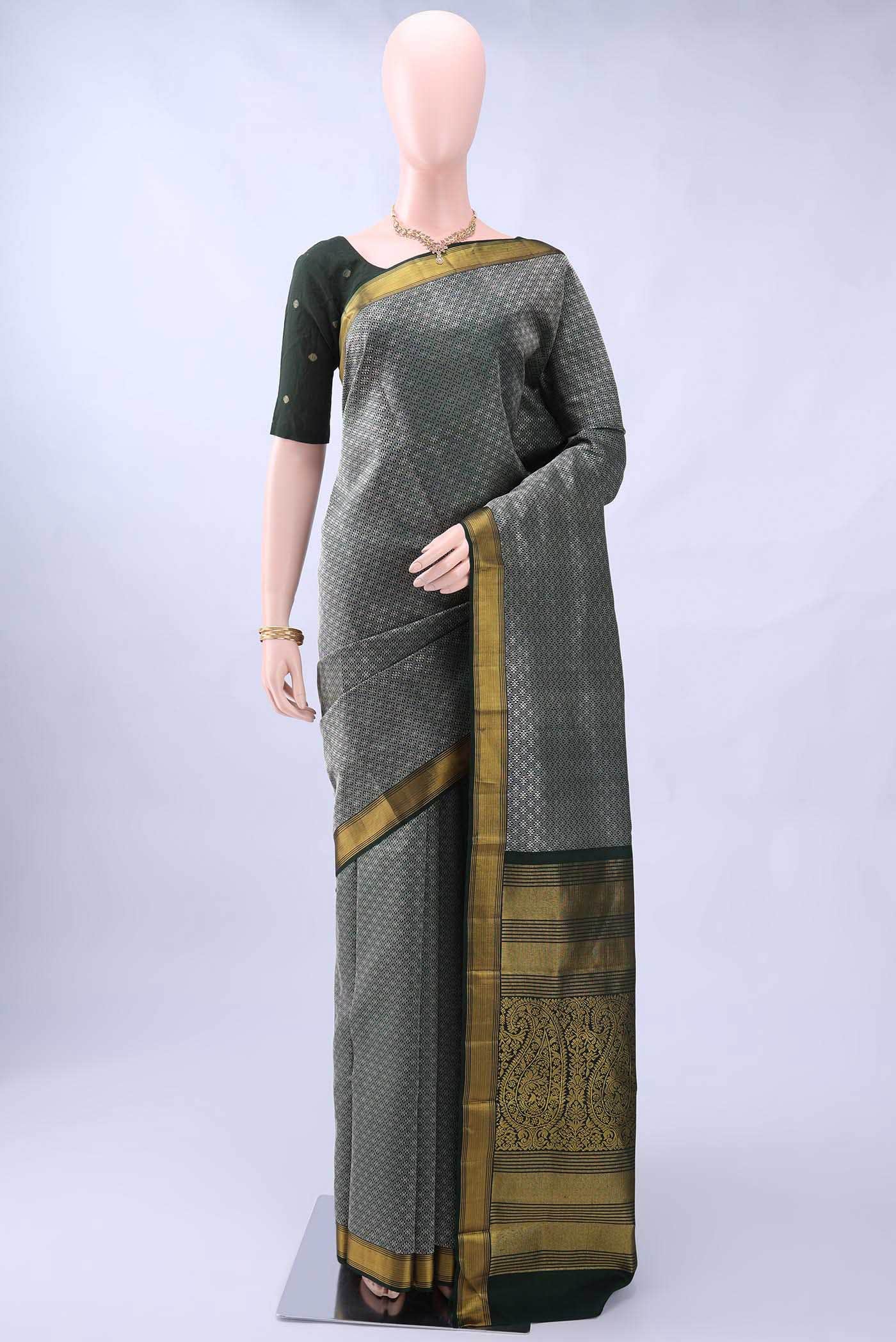 Pure Silk Pure Zari Bottle Green Dual Tone Kanjivaram Saree