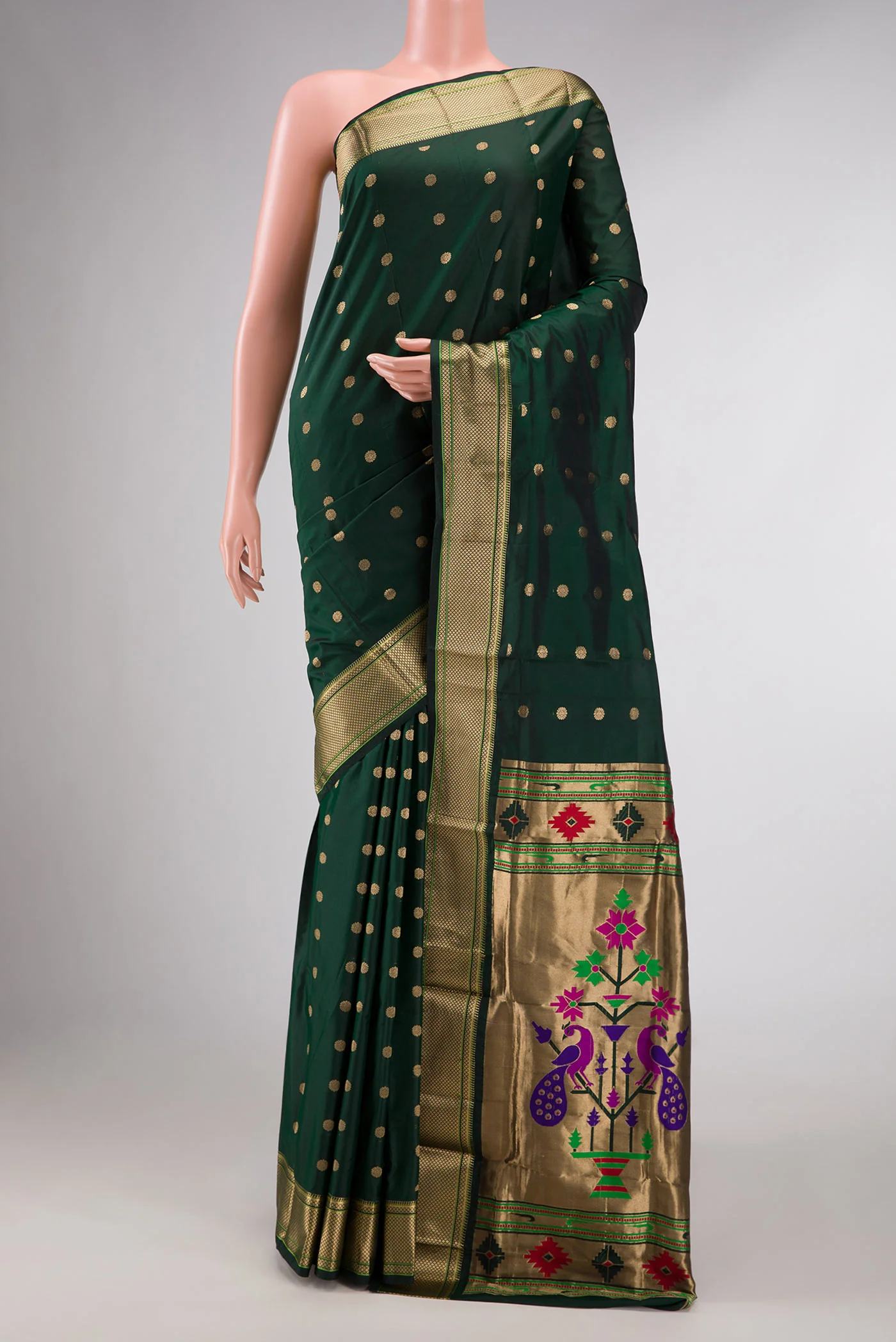 Bottle Green Dual Tone Paithani Silk Saree